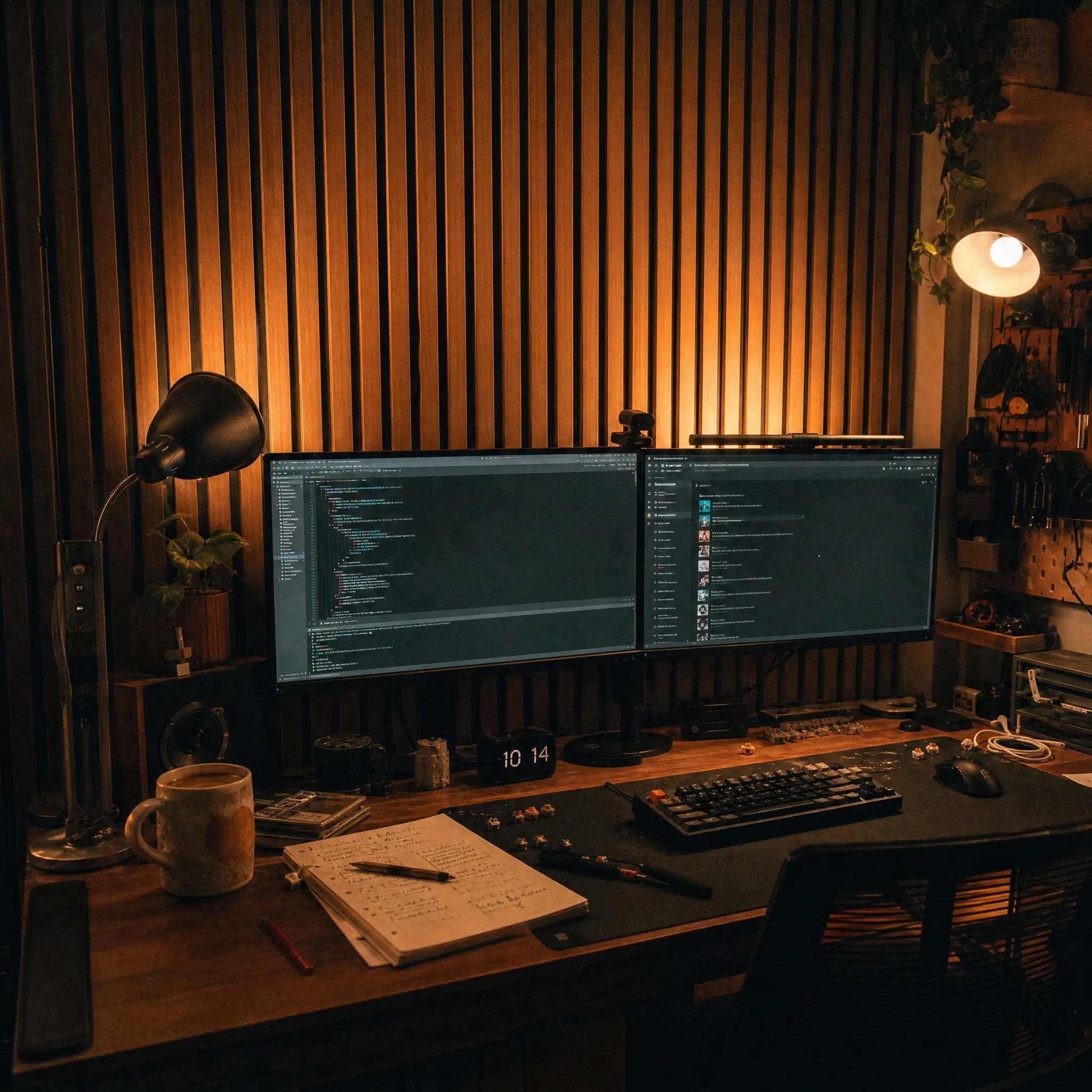 Warm walnut wood slat acoustic panels installed on a wall behind a dual monitor desk setup