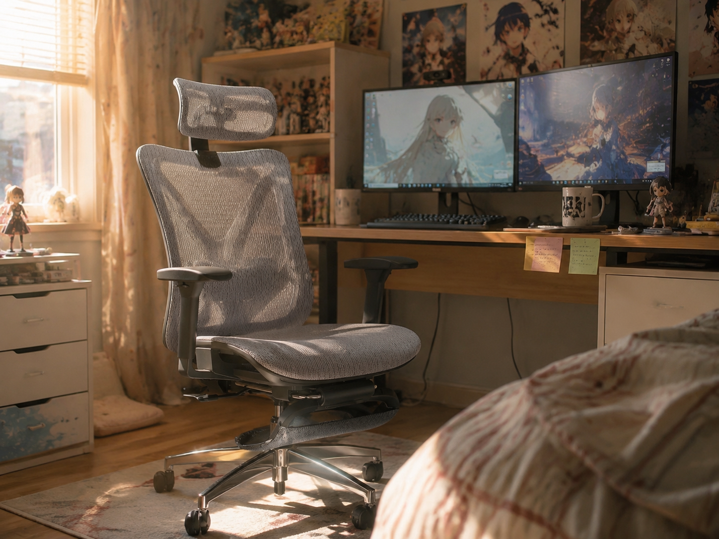 Grey ergonomic mesh chair in a cozy anime room setup with warm morning light