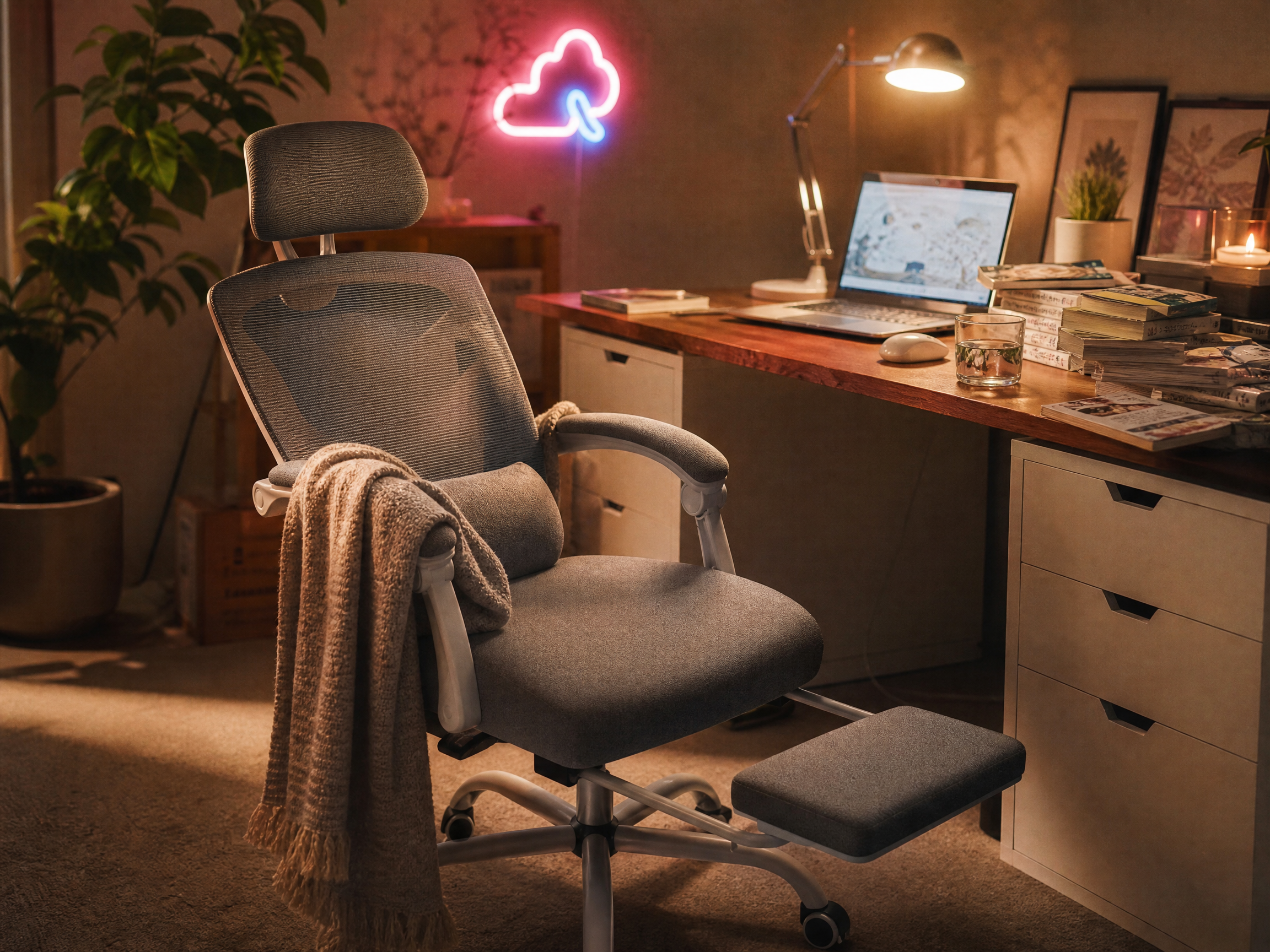 Mesh ergonomic chair with footrest in a cozy evening anime desk setup