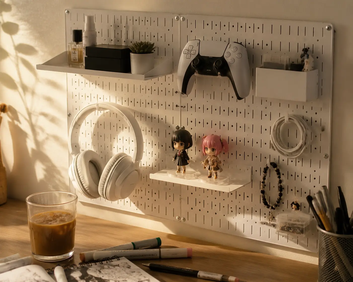 White no-drill pegboard holding a gaming controller and anime figures above a cozy desk
