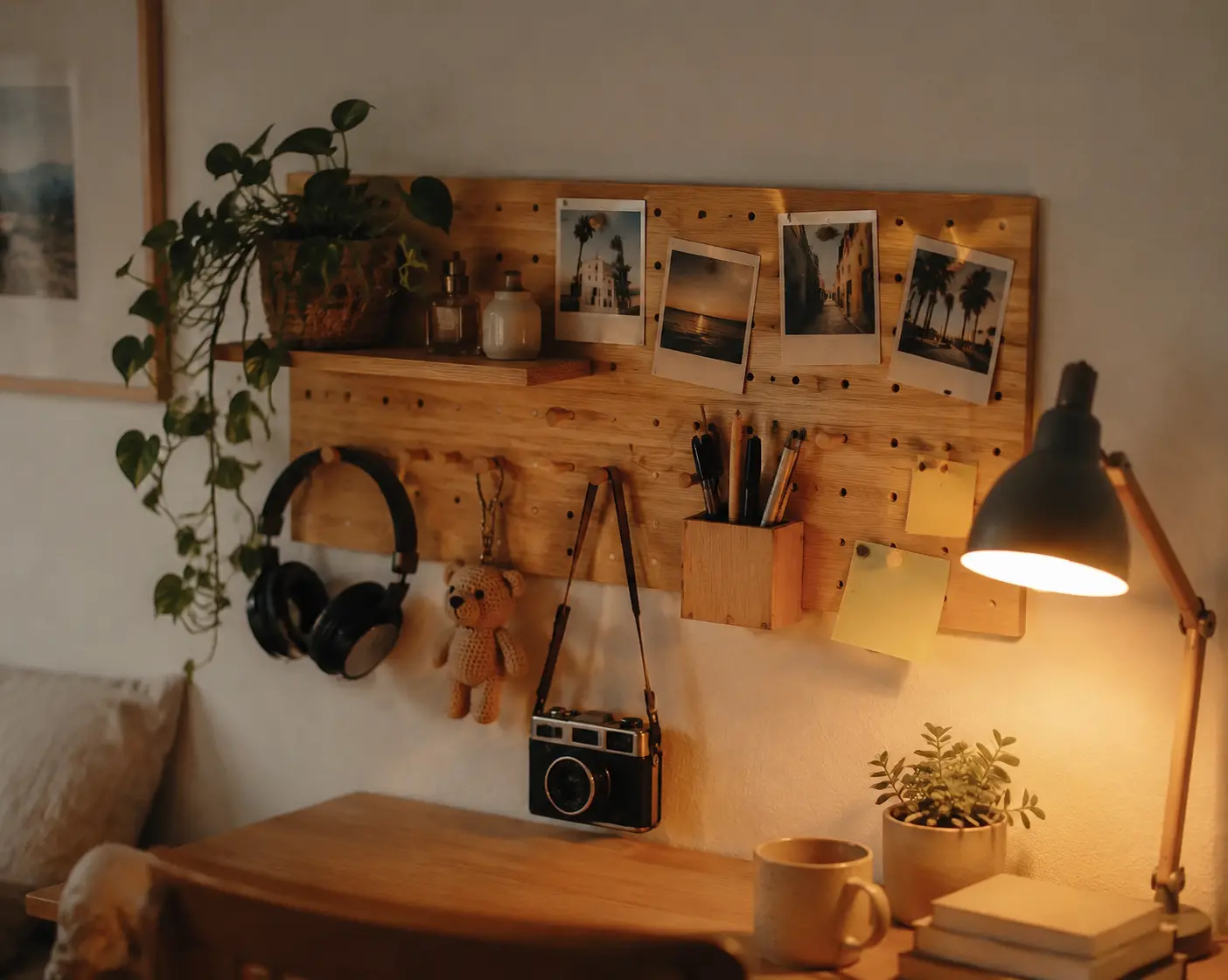 Light oak wooden pegboard organizer displaying polaroids and small plants above a warm desk setup