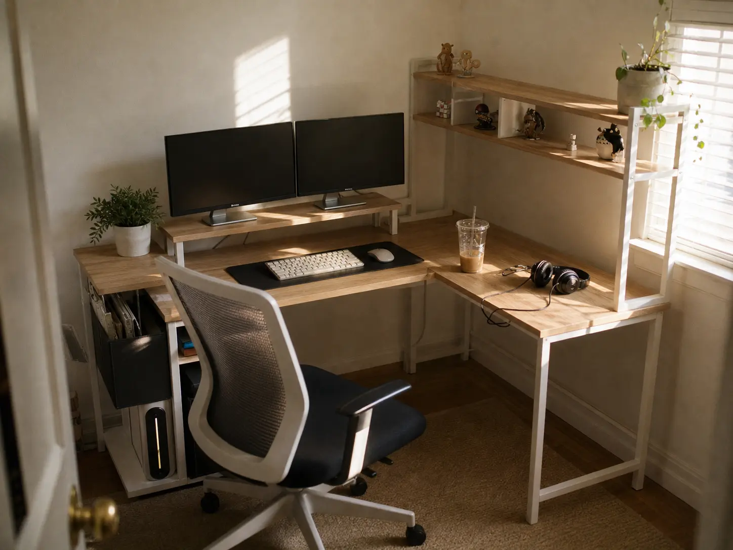 White L-shaped gaming desk in a small sunlit anime room