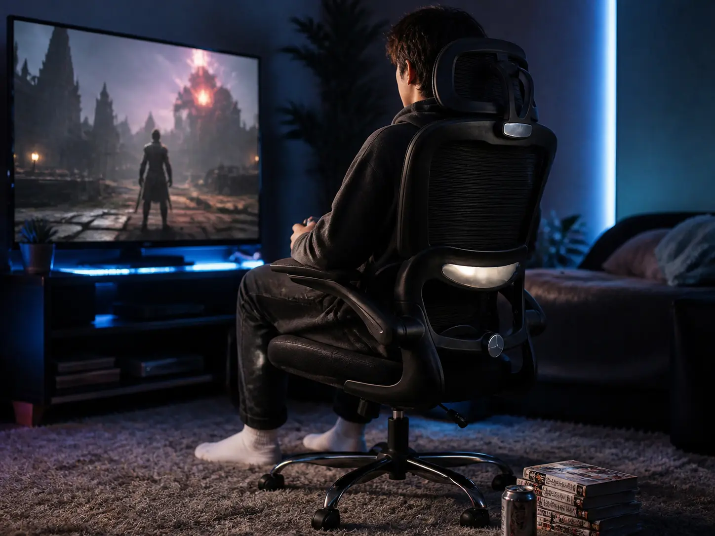 Black swivel floor gaming chair on a fluffy rug with neon ambient lights
