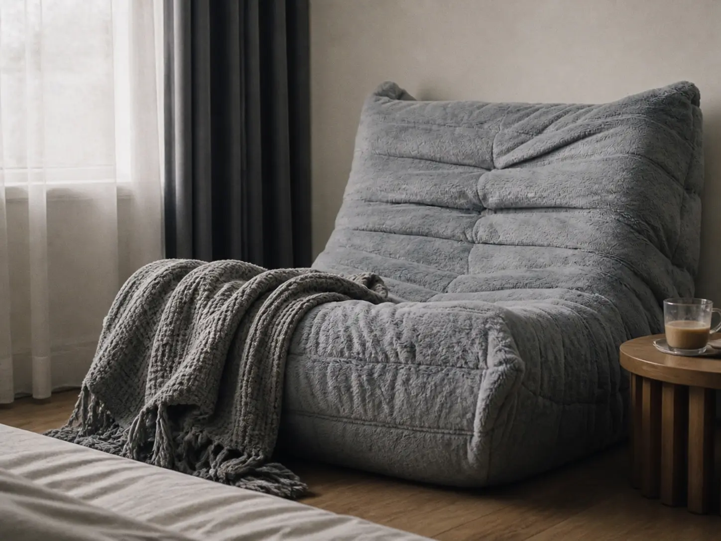 Giant grey bean bag chair in a cozy bedroom corner for lazy lounging