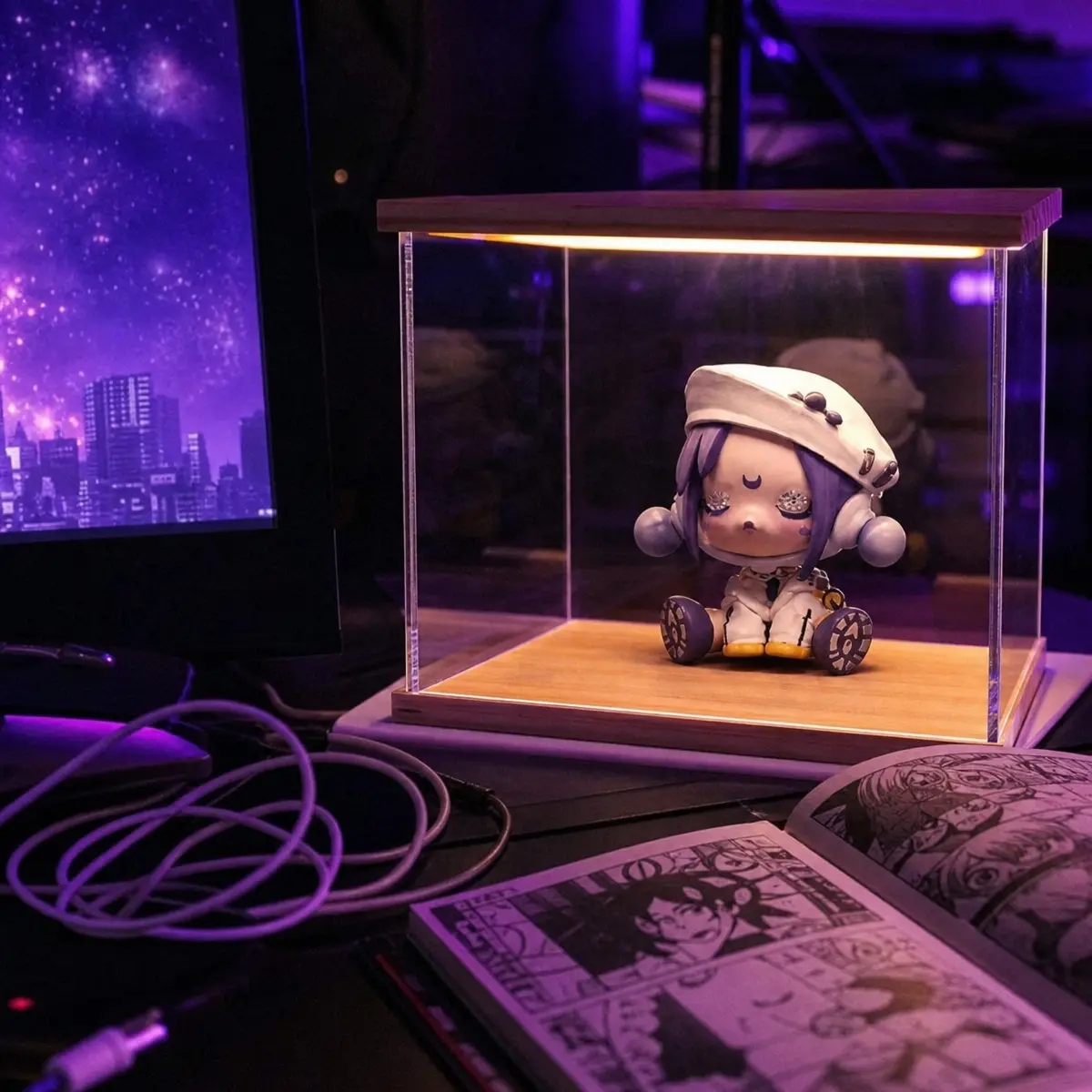 Single premium anime scale figure inside an LED glowing acrylic box on a dark desk