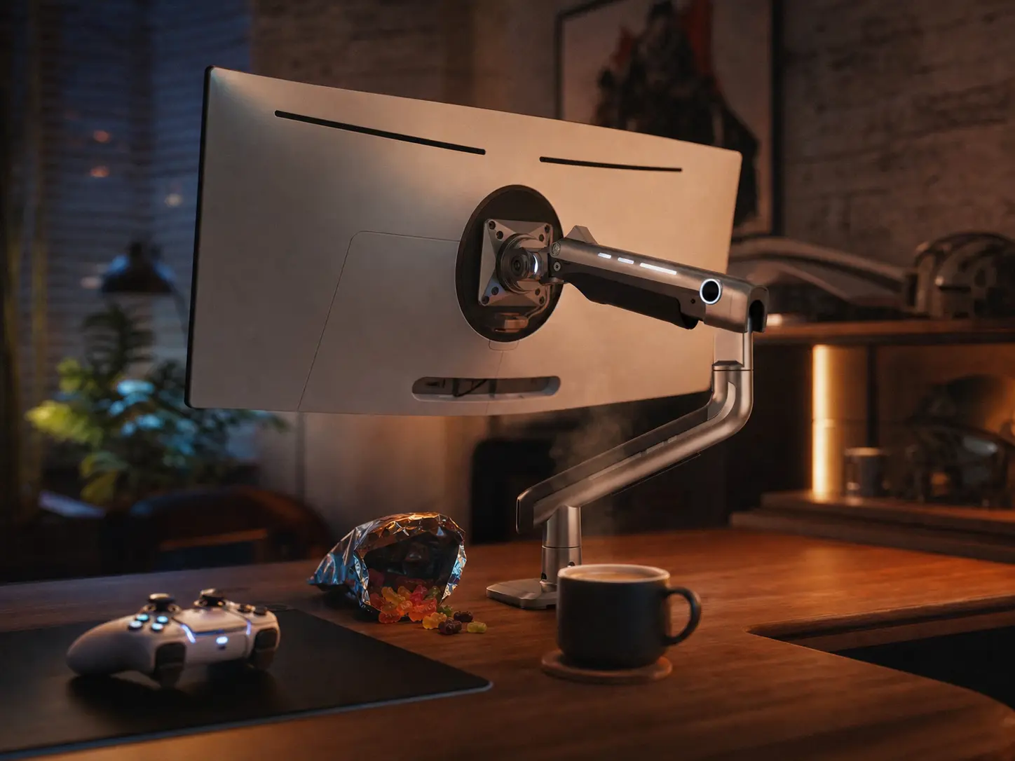 Premium metallic monitor arm holding an ultrawide screen in an aesthetic cozy gaming room