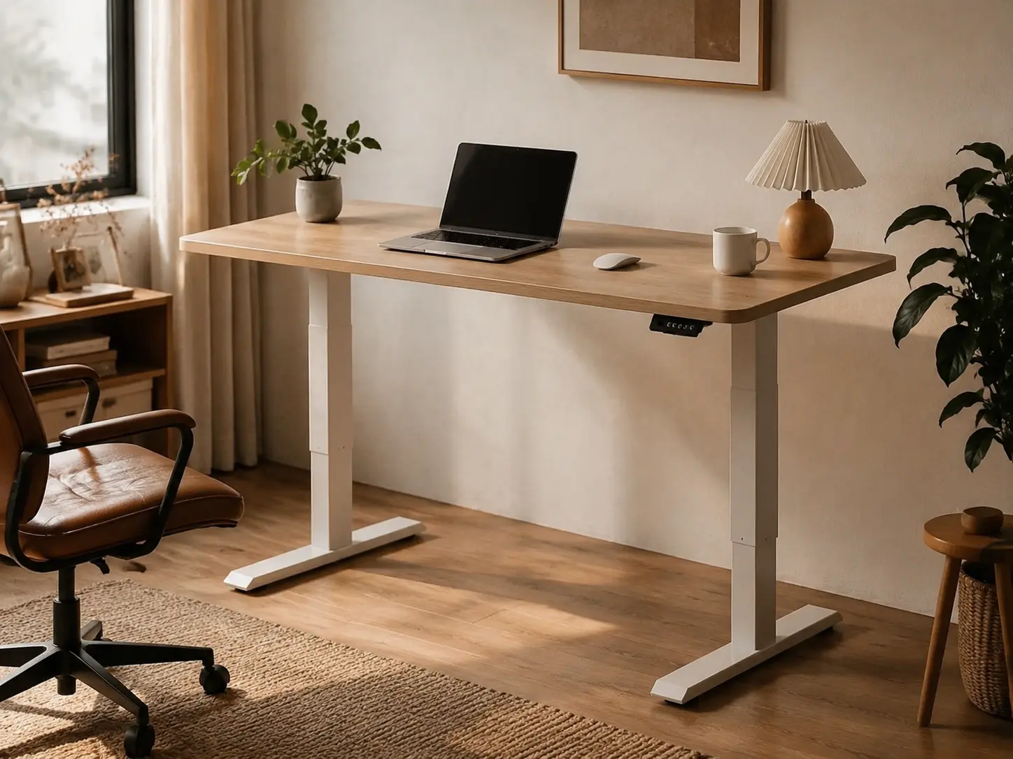 Standing desk with oak top and white metal frame in minimalist office
