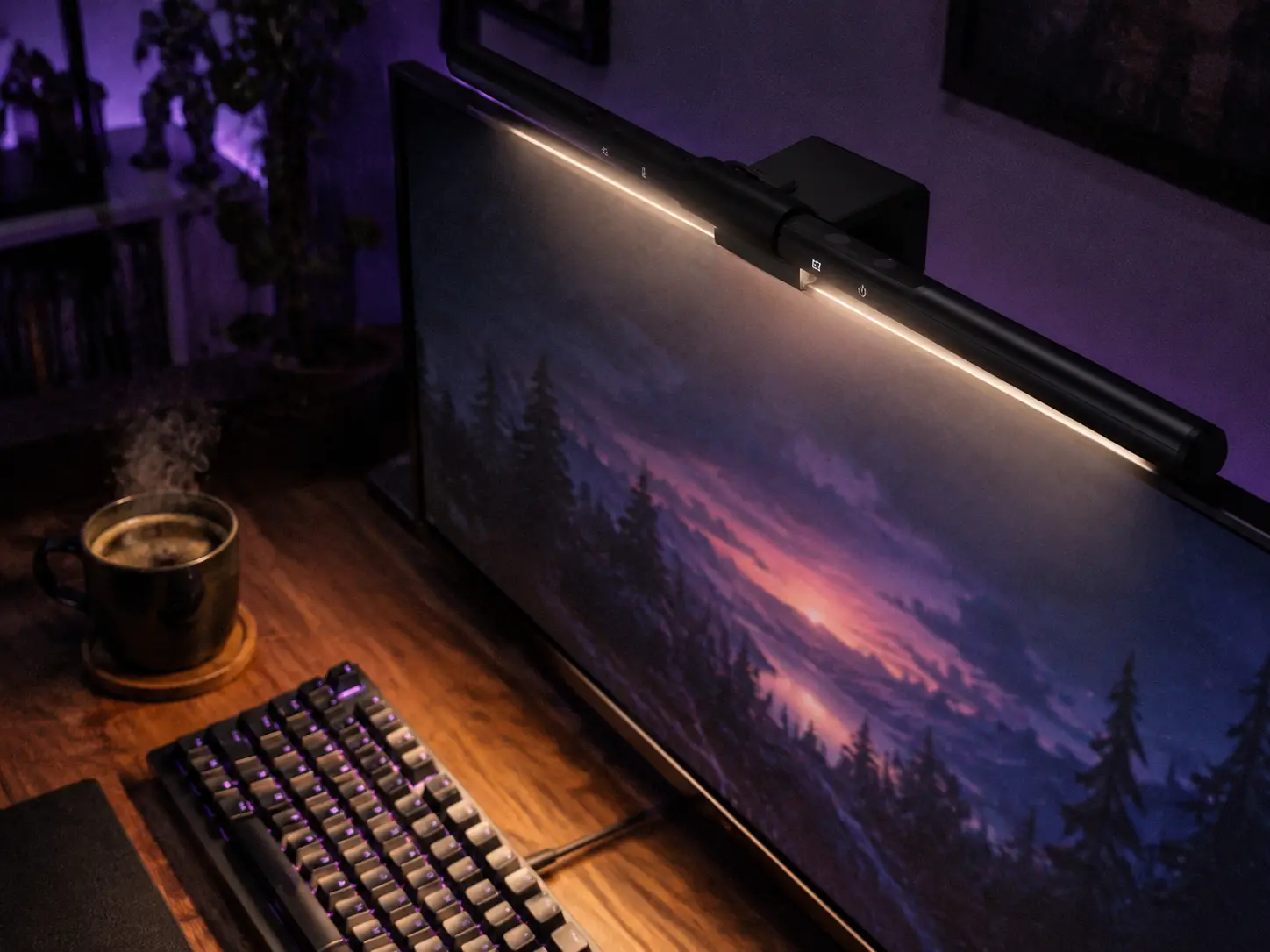 Sleek black monitor light bar illuminating a gaming desk with cozy ambient light