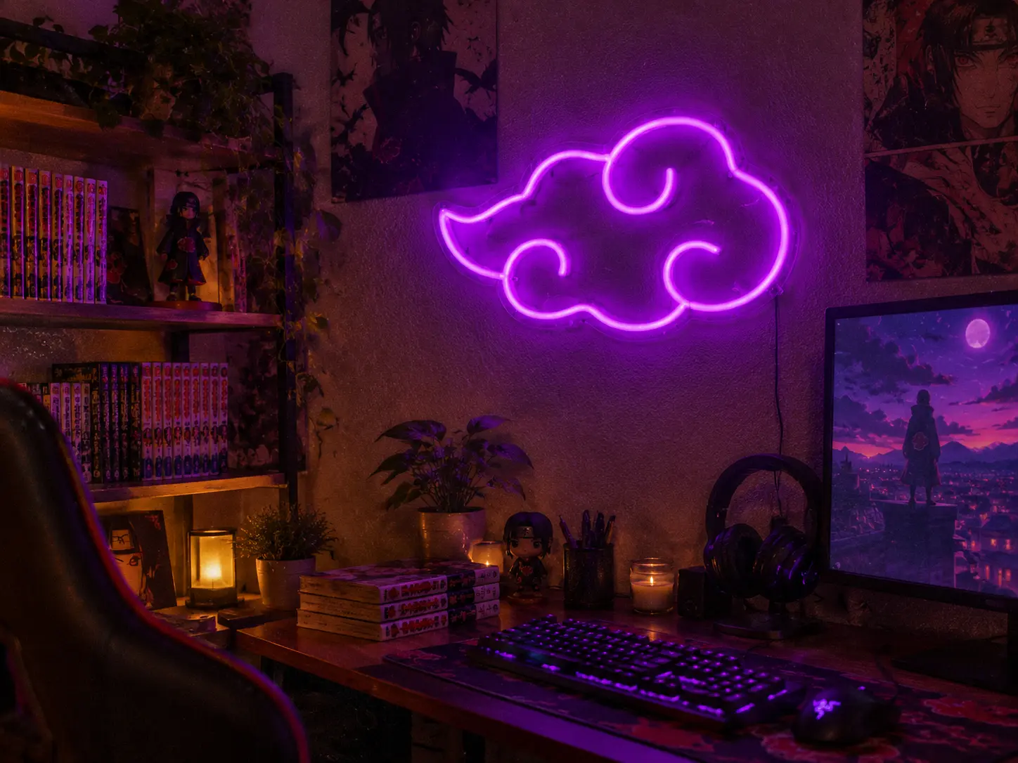 Glowing purple anime cloud neon sign above a cozy gaming desk