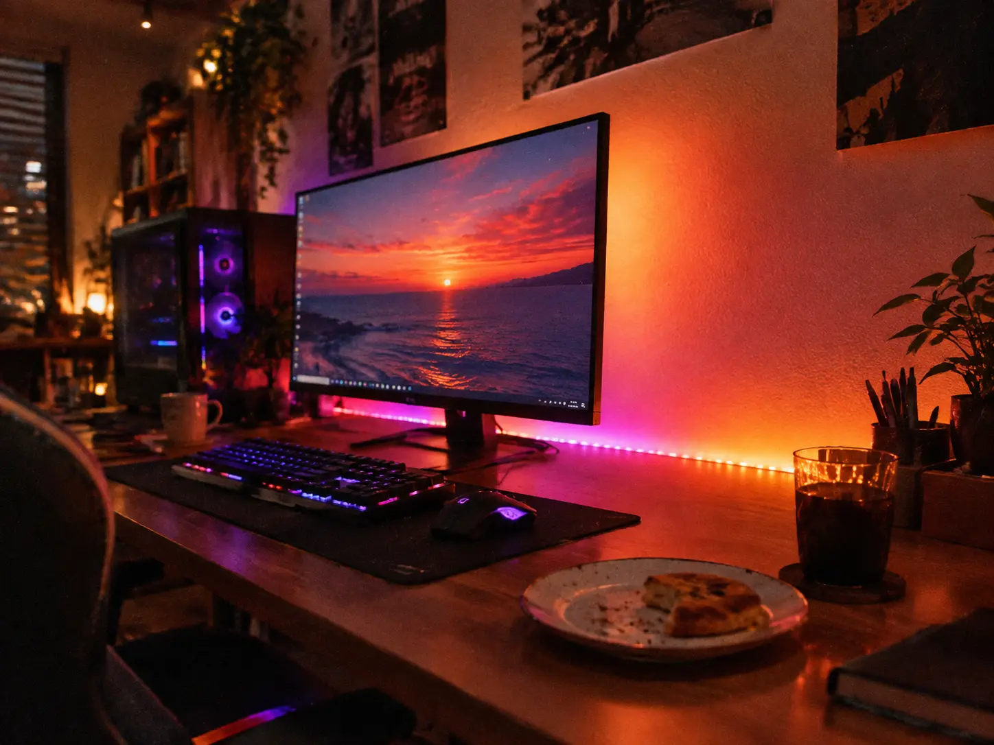 RGBIC strip lights casting a warm sunset glow behind a gaming monitor
