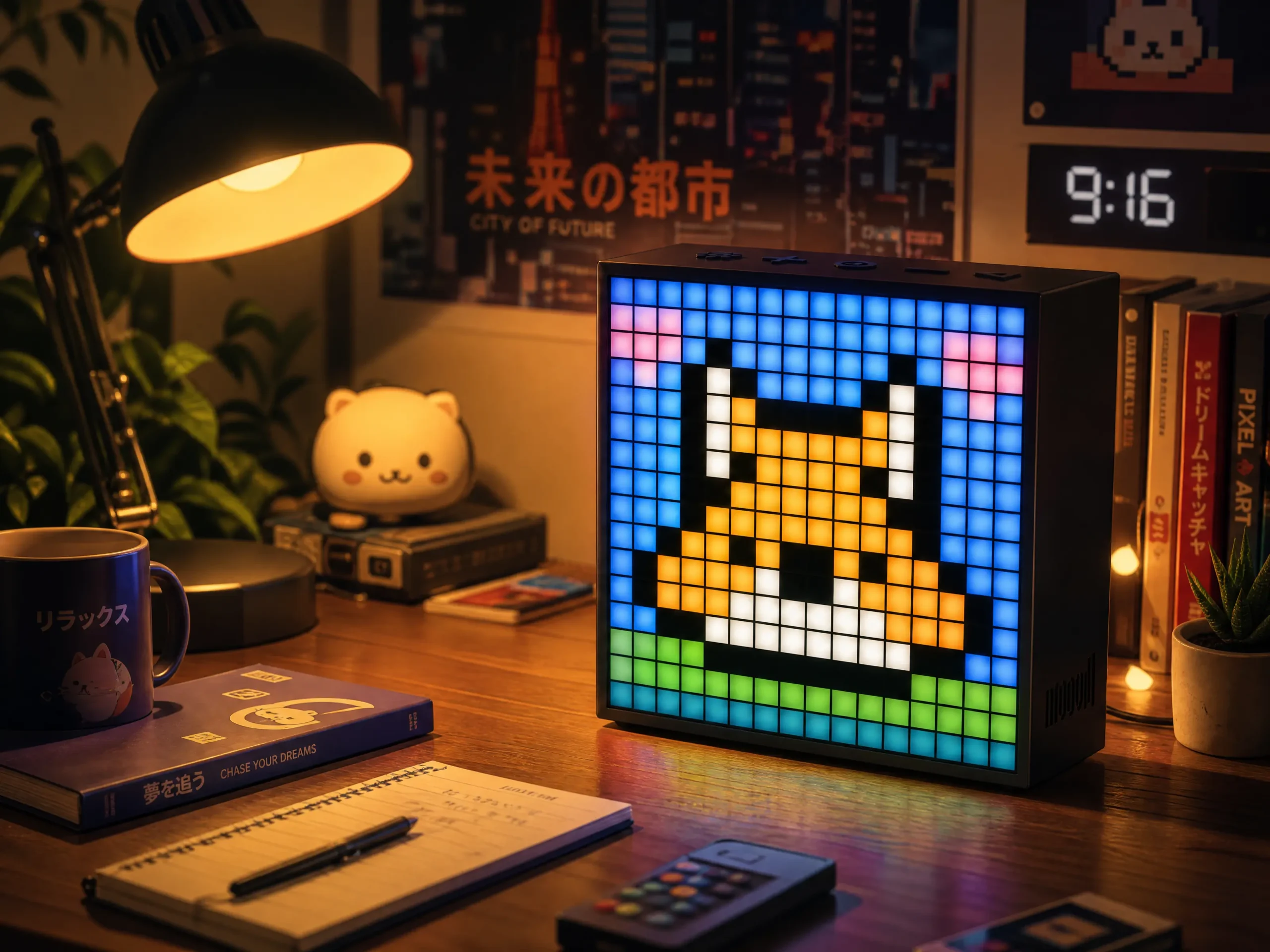 Retro pixel art display monitor on a wooden desk