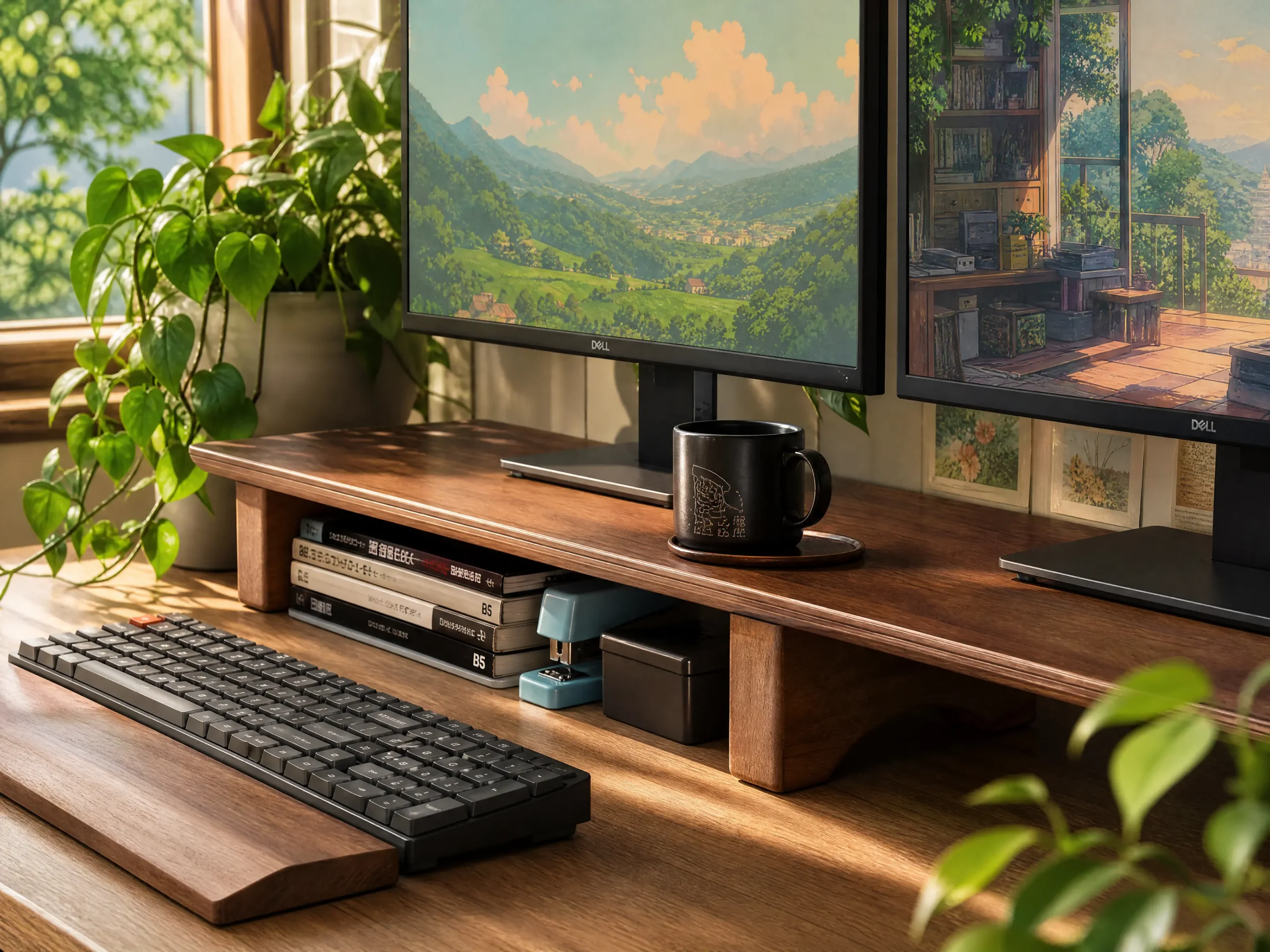 Premium solid walnut dual monitor desk shelf