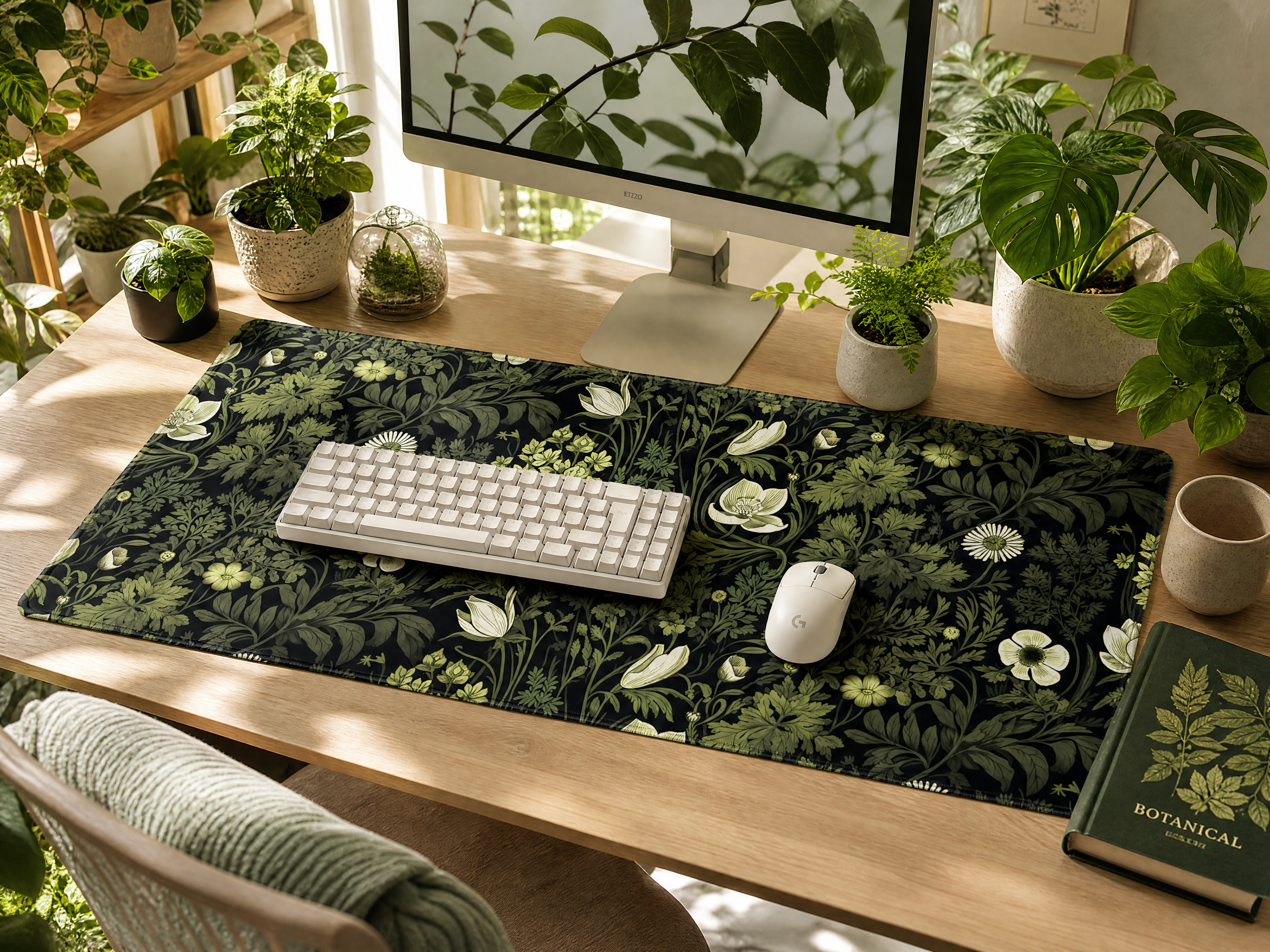 Artificial trailing pothos plants above desk
