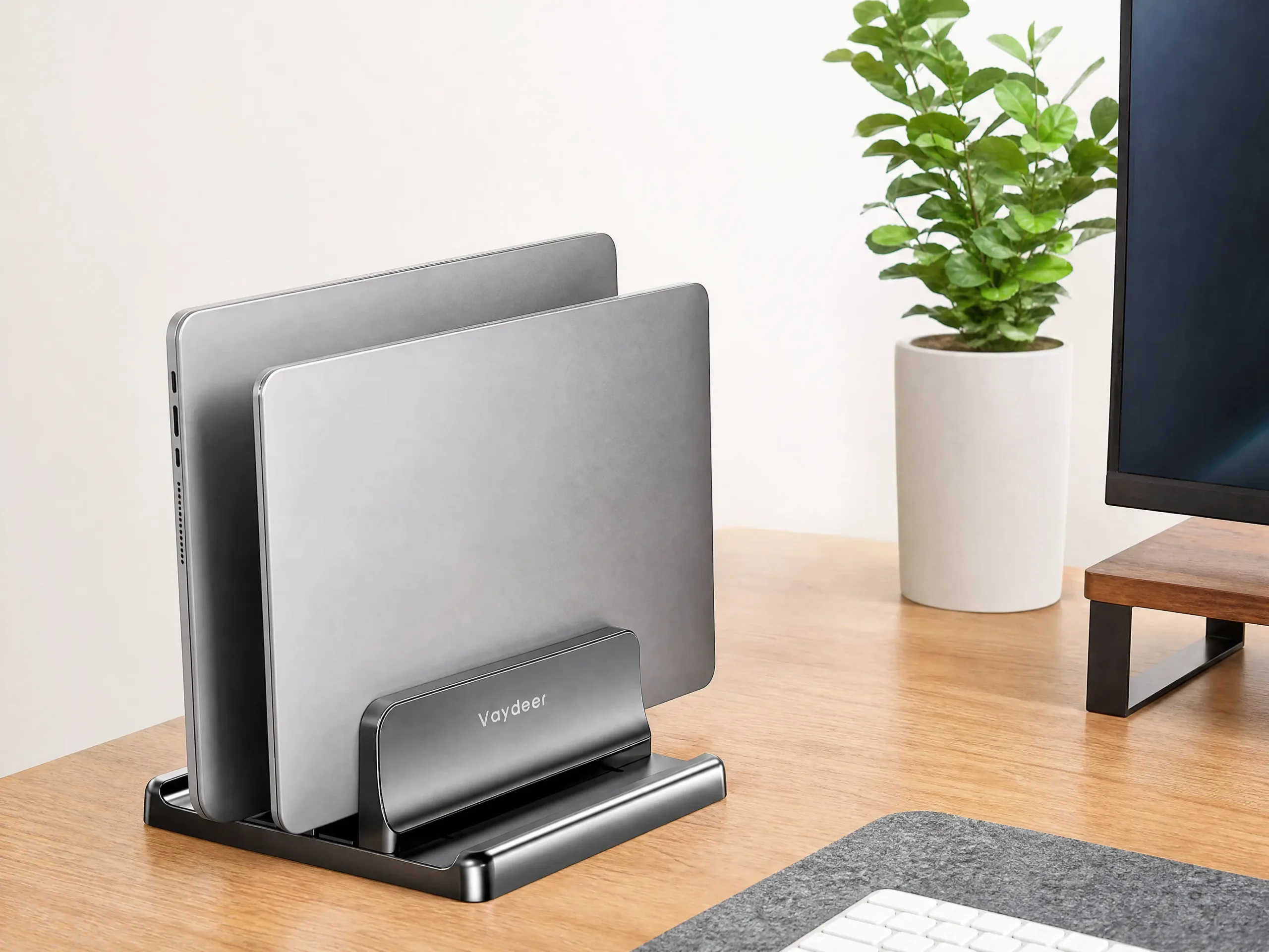 Vertical dual laptop stand saving desk space