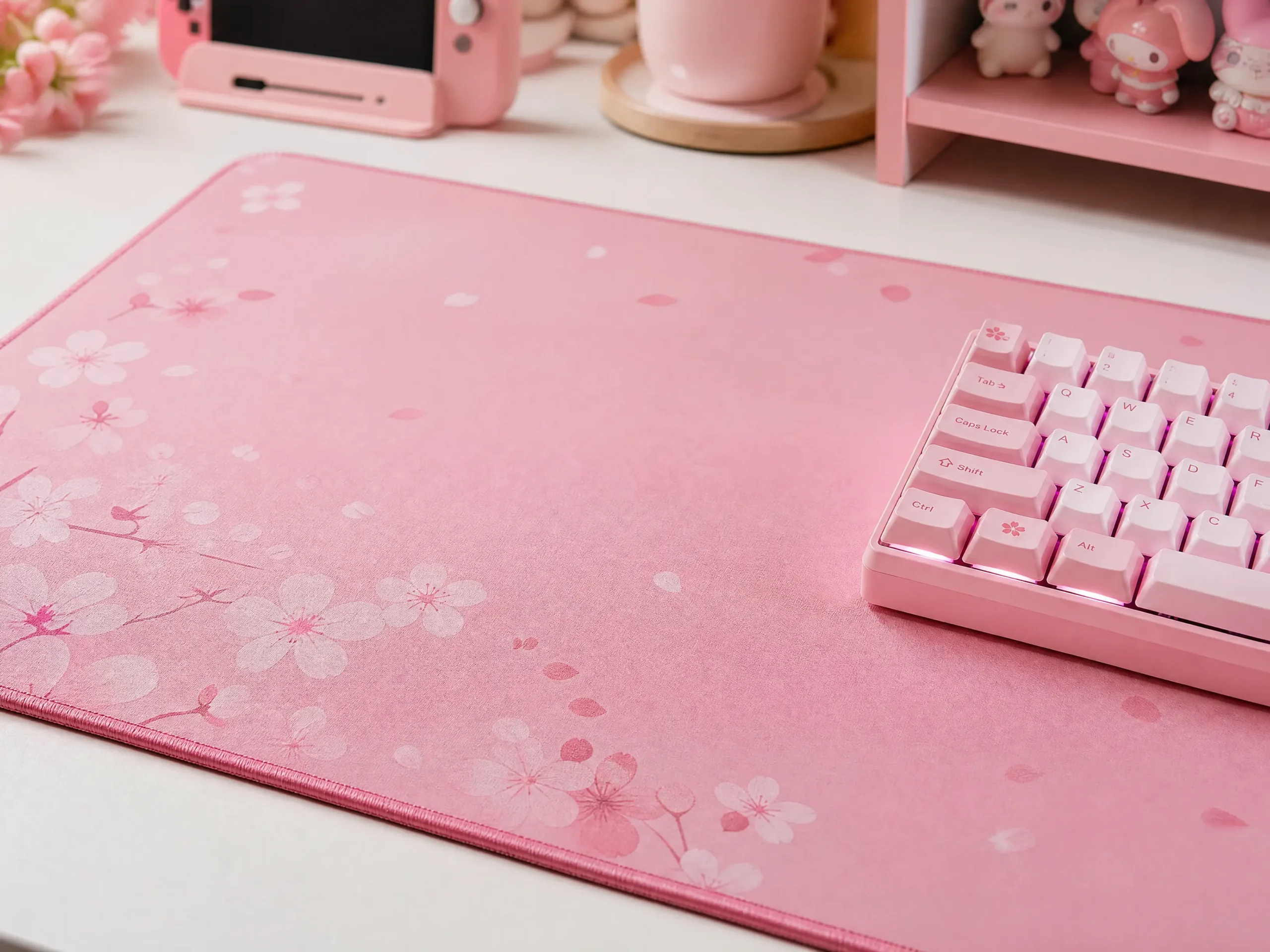 Large Pastel Pink Desk Mat with Cherry Blossom Design
