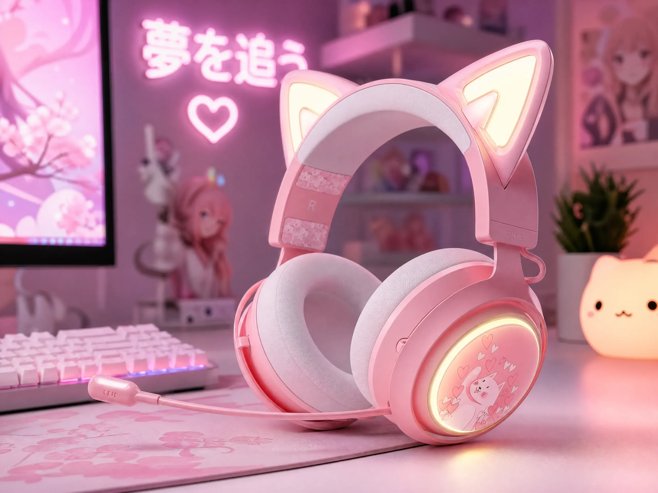 RGB Cat Ear Gaming Headset Pastel White and Pink