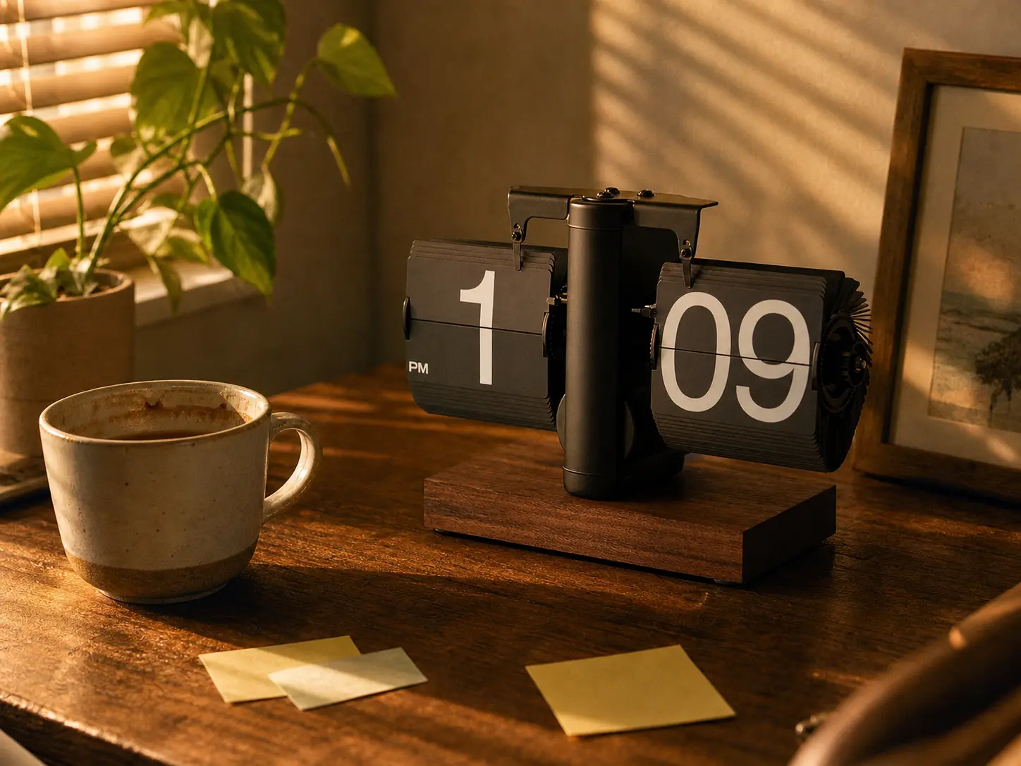 Retro metal flip clock on a cozy walnut desk