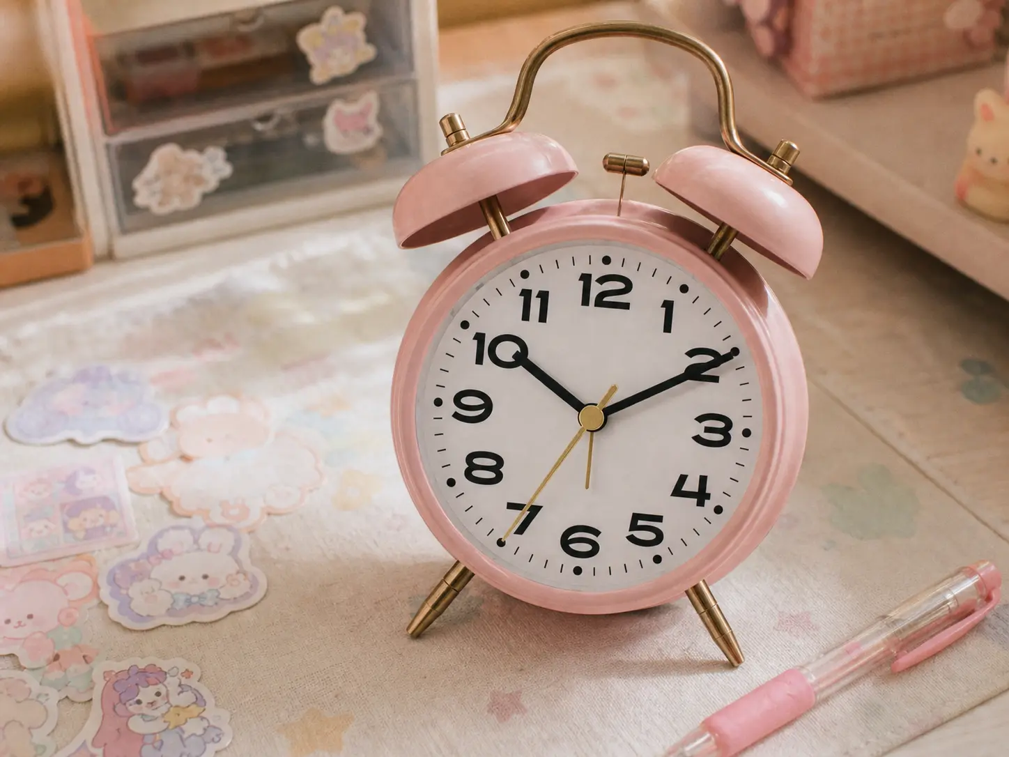 Pastel pink twin bell alarm clock on a cute desk mat