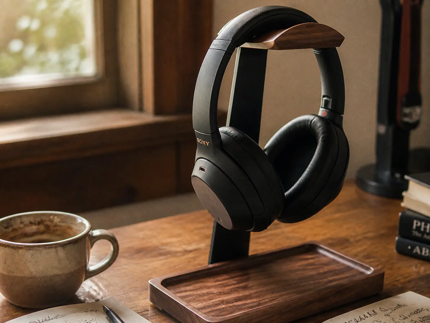 Premium walnut wood headphone stand on a cozy desk