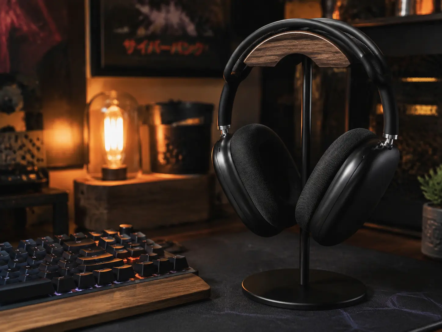 Matte black metal headphone stand with gaming headphones