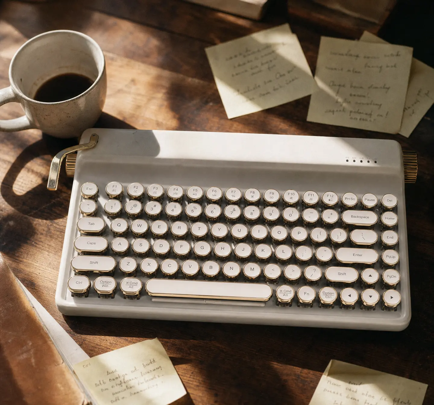 Creamy white retro typewriter mechanical keyboard on a wooden desk