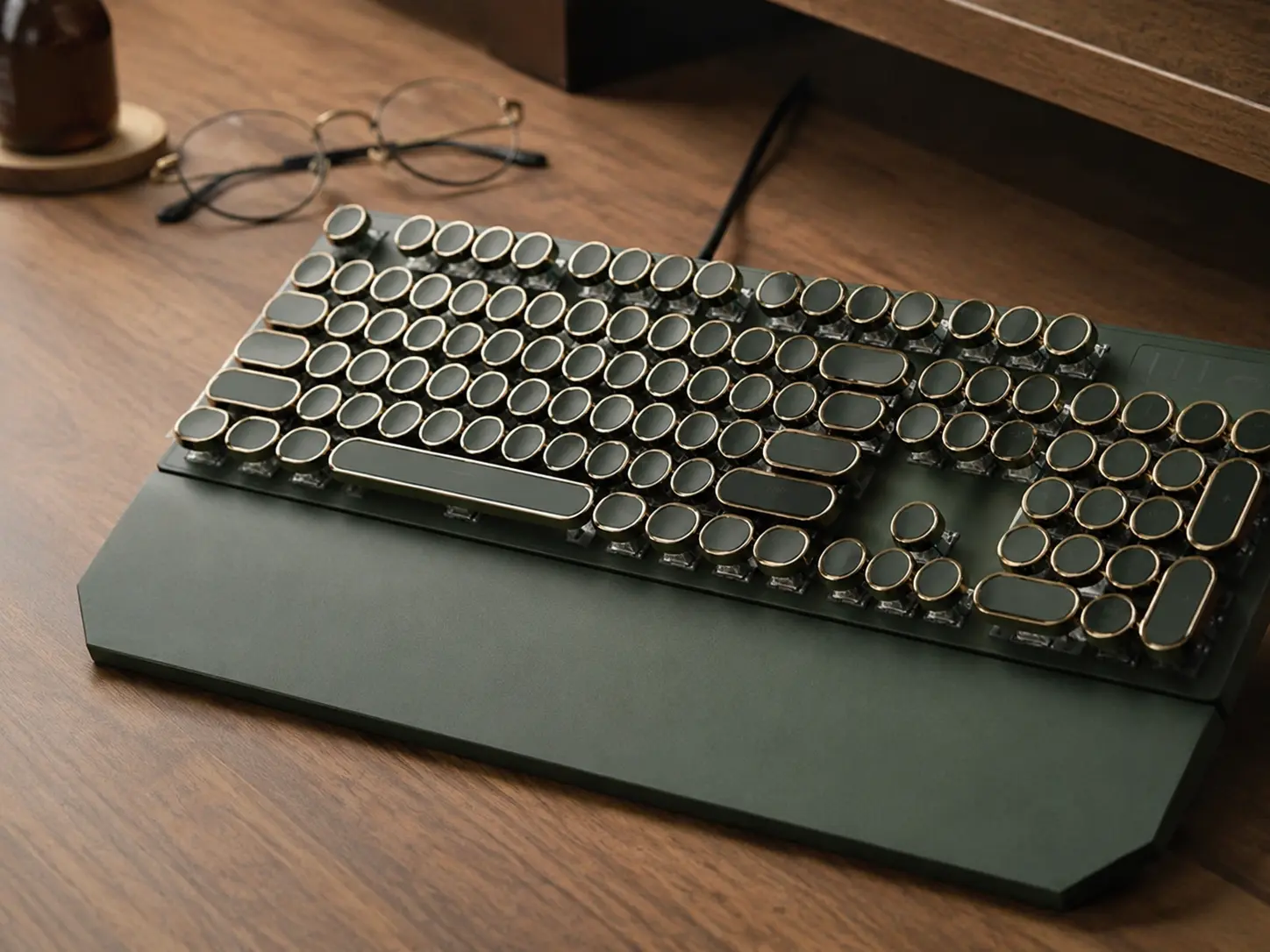 Vintage dark green mechanical keyboard with typewriter-style round keys