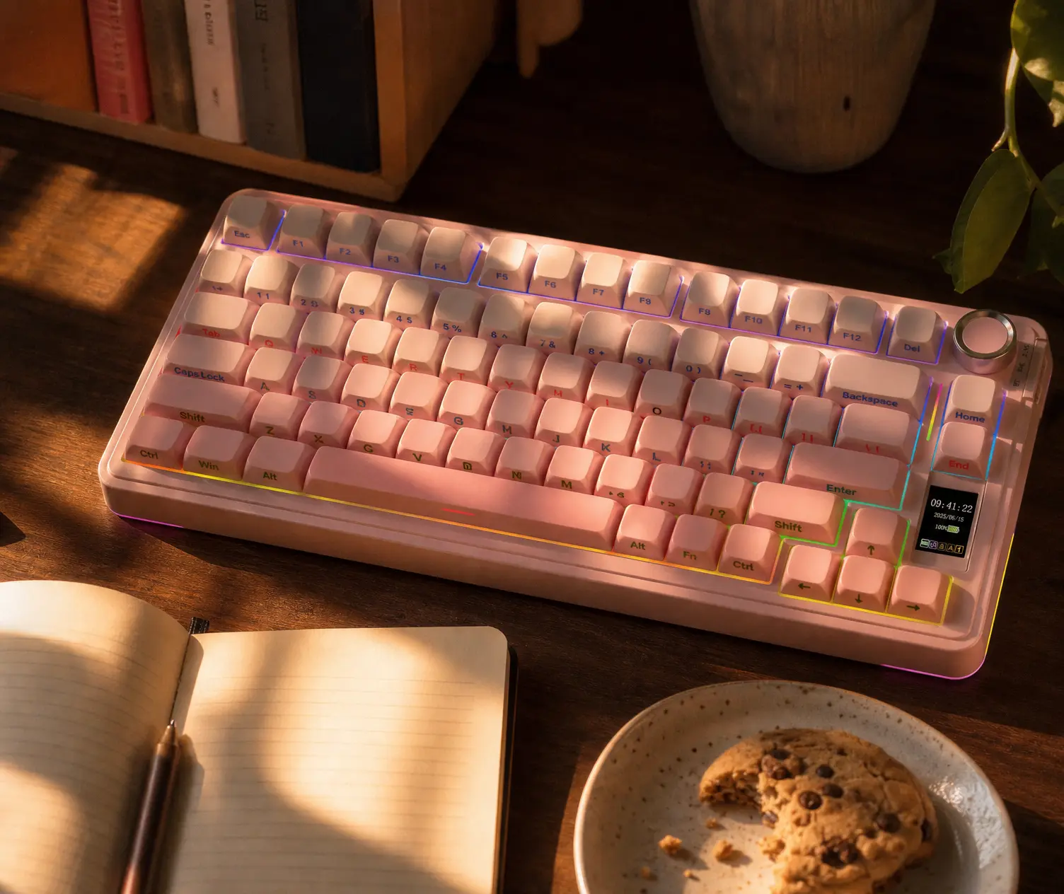 Pastel retro typewriter keyboard on a cozy desk setup