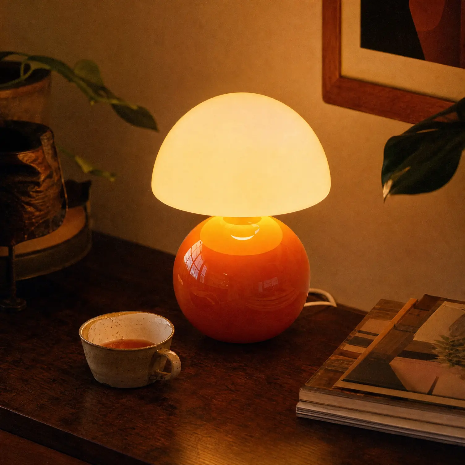 Vintage orange glass mushroom desk lamp glowing warmly on a wooden desk