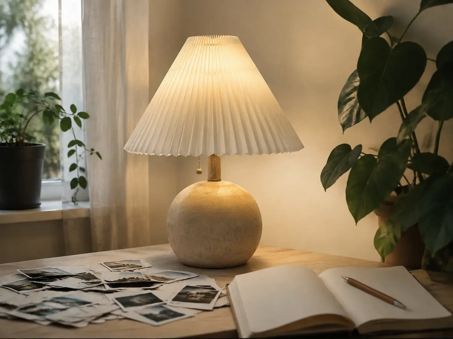 Cream white desk lamp with a pleated fabric shade on a minimalist cozy desk