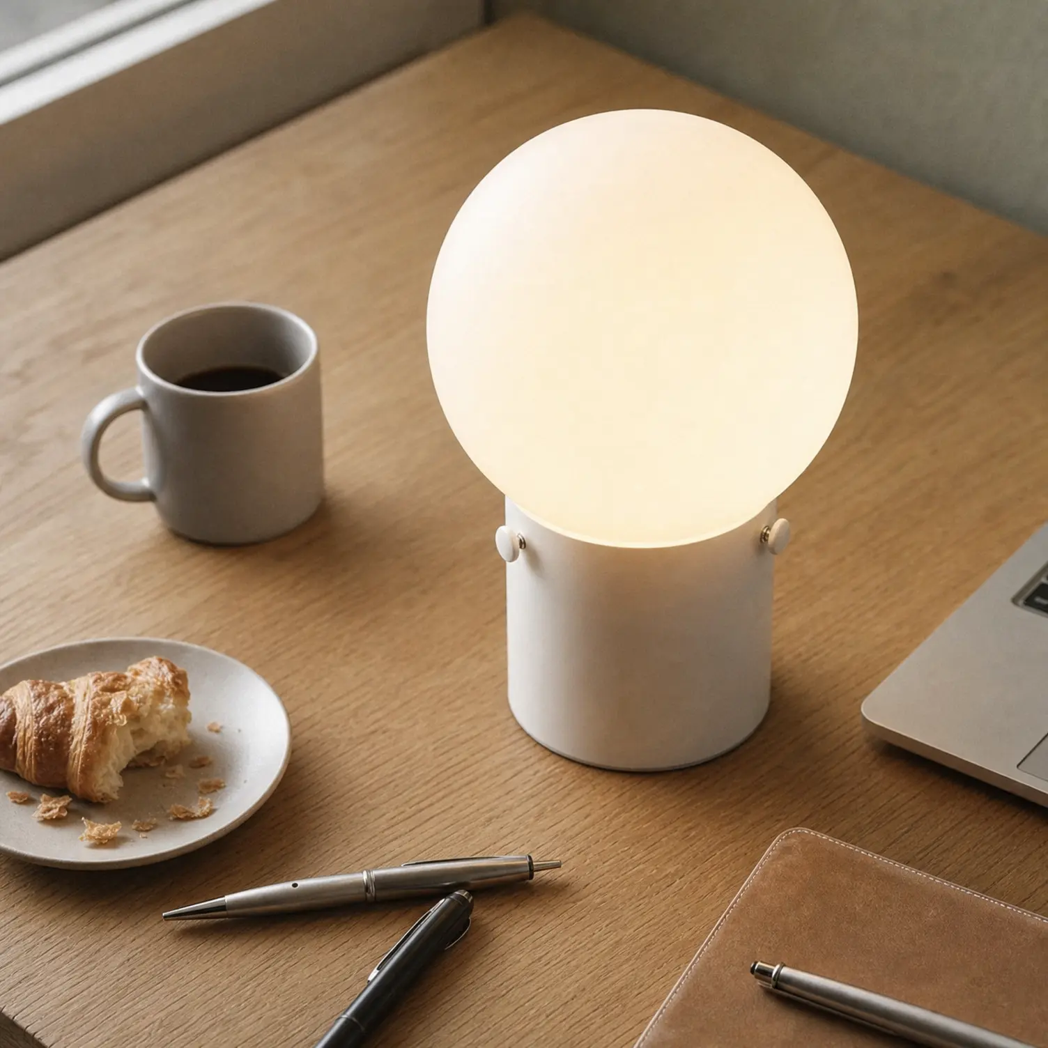 Frosted white glass mushroom lamp on a light oak desk