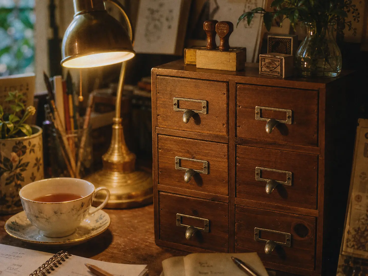 Photorealistic close-up of a vintage dark wood mini desk organizer with small drawers sitting on a cozy aesthetic desk setup