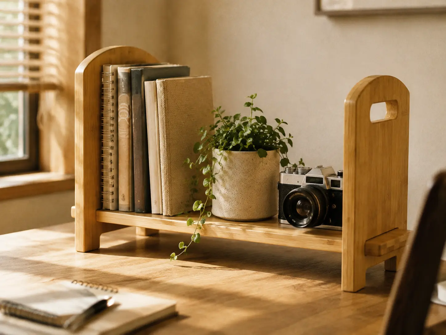 Photorealistic angled shot of an adjustable light wood desktop bookshelf on a warm cozy desk with golden hour sunlight