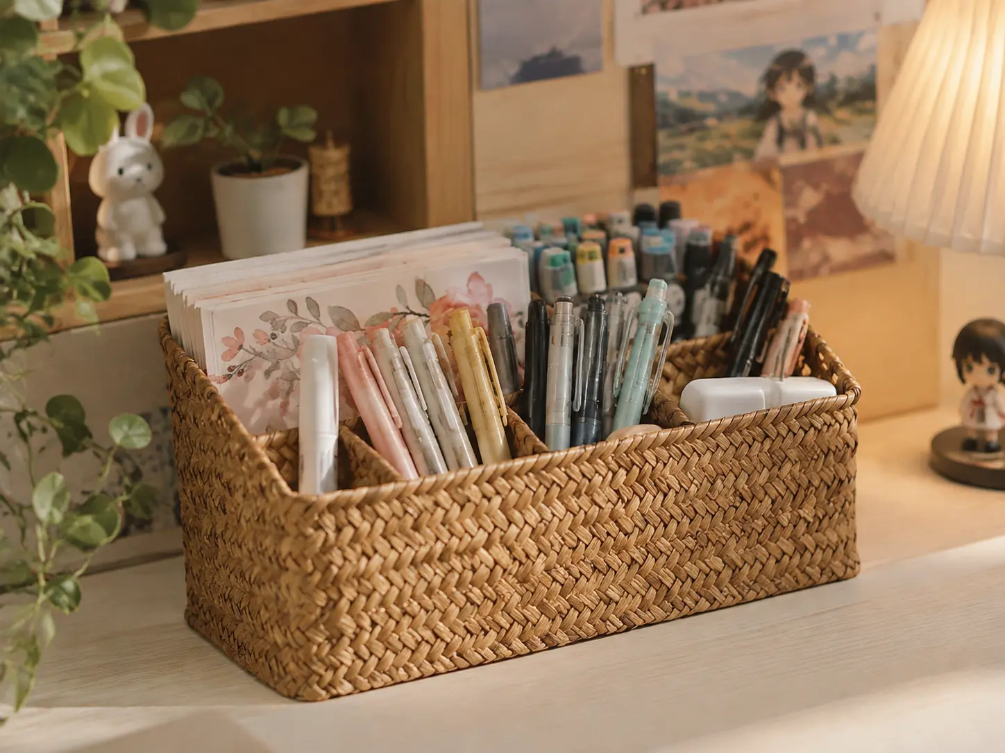 Photorealistic shot of a handmade woven rattan pen holder filled with aesthetic pens and markers on a light wood desk