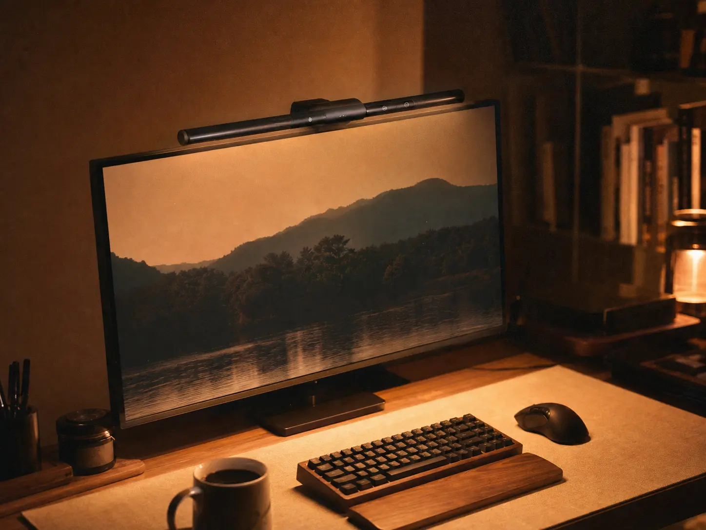 Photorealistic close-up of a sleek matte black monitor light bar resting on top of a computer monitor illuminating a cozy desk