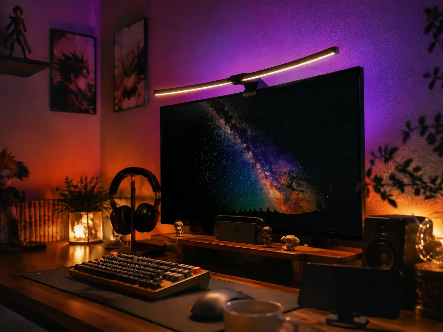 Photorealistic shot of a monitor light bar casting a soft warm glow on a wooden desk with an aesthetic ambient purple RGB backlight
