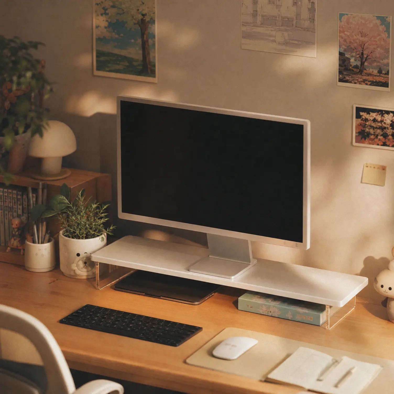 Minimalist wood monitor stand on a cozy desk