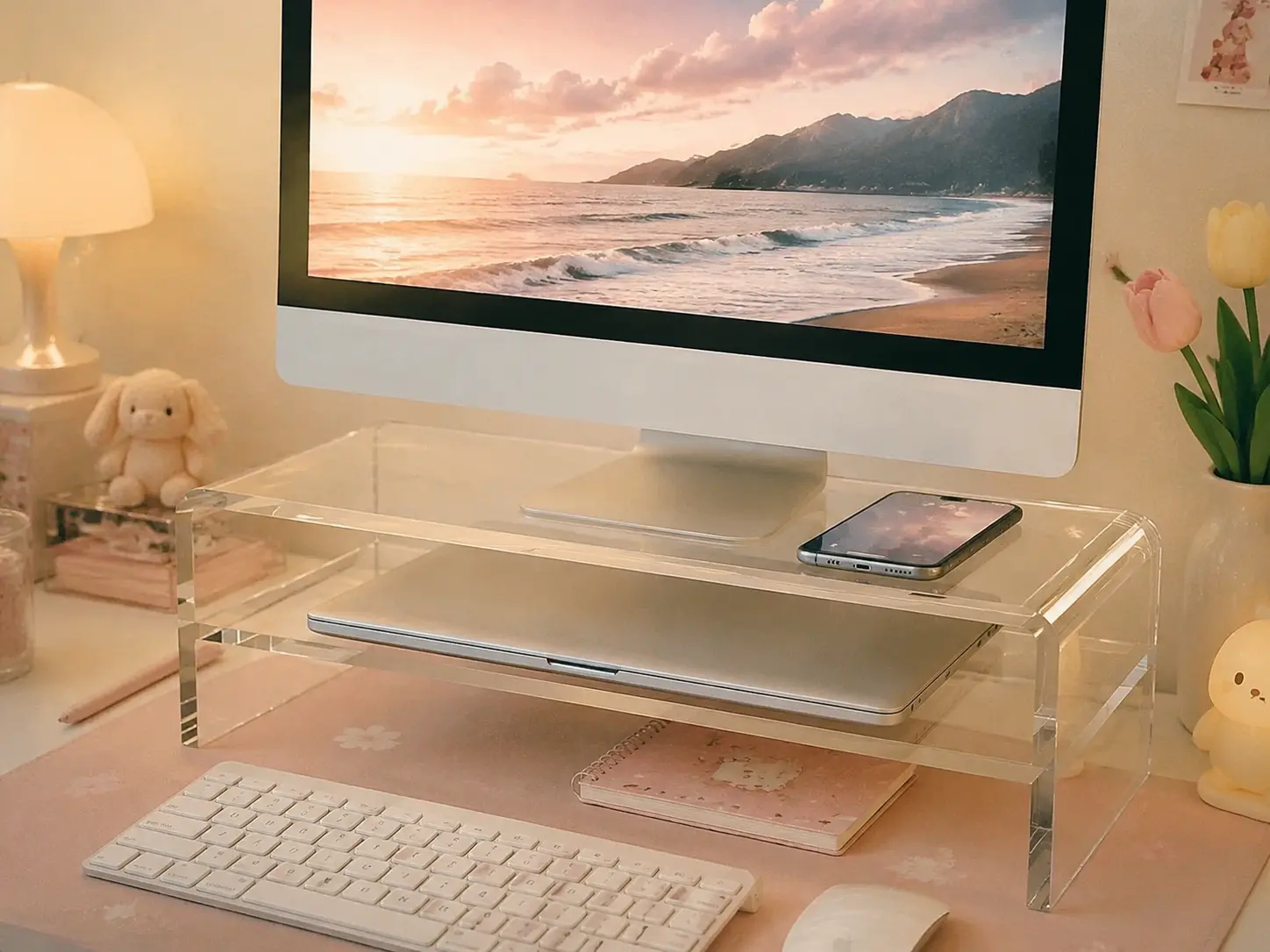 Clear acrylic monitor stand on a pastel desk mat