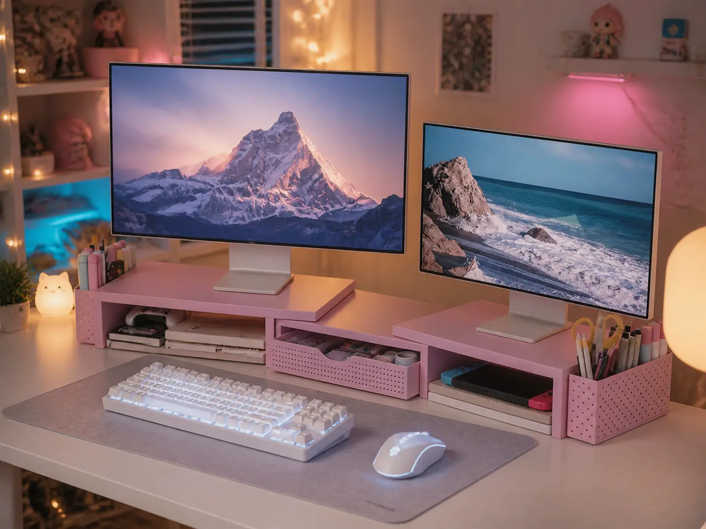 Pastel monitor stand with drawers on a cozy gaming desk