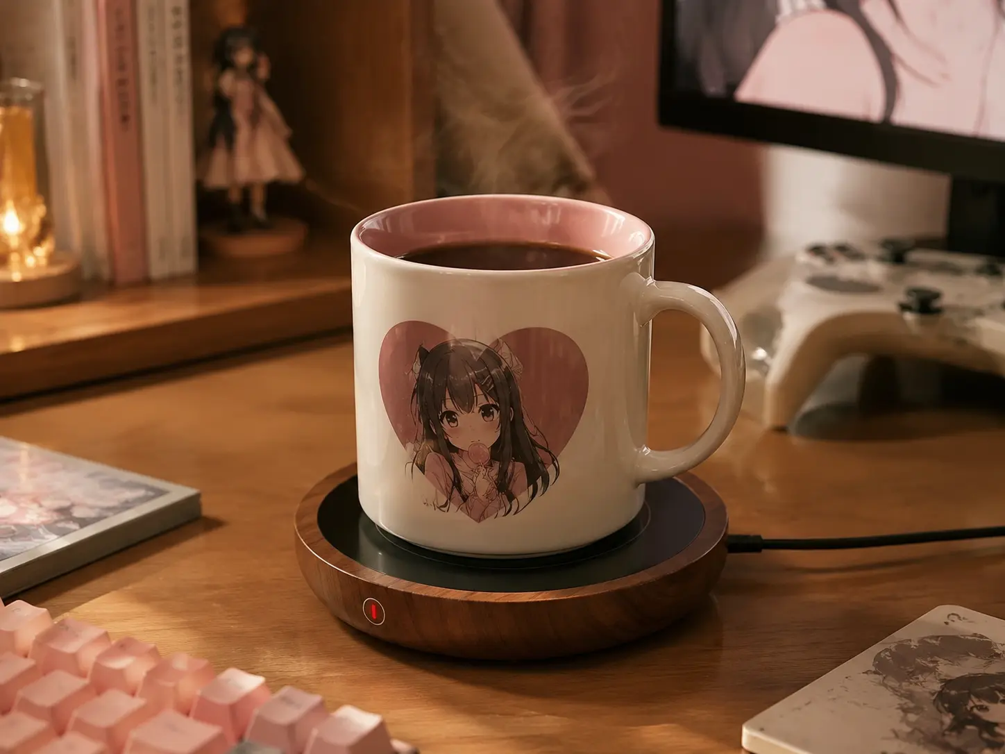 Minimalist wood coffee mug warmer on a cozy desk setup