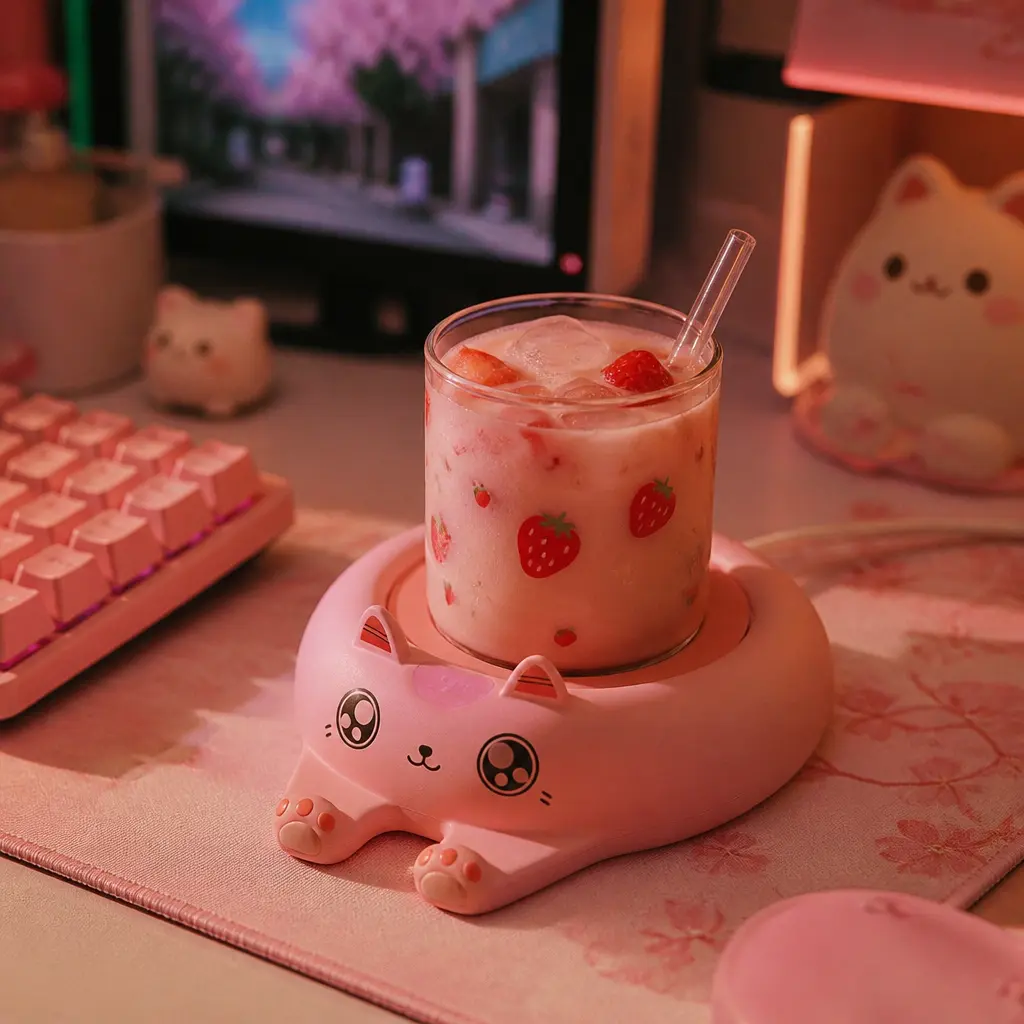 Kawaii pastel pink cat paw mug warmer on a desk