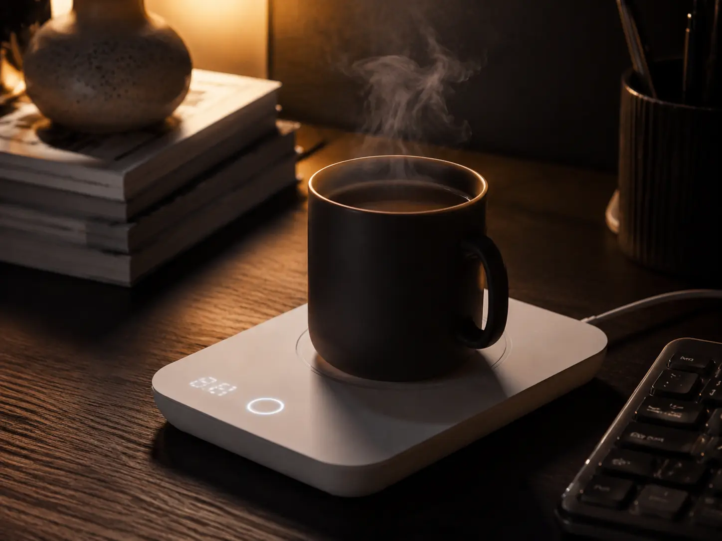 Modern smart mug warmer with digital temperature display