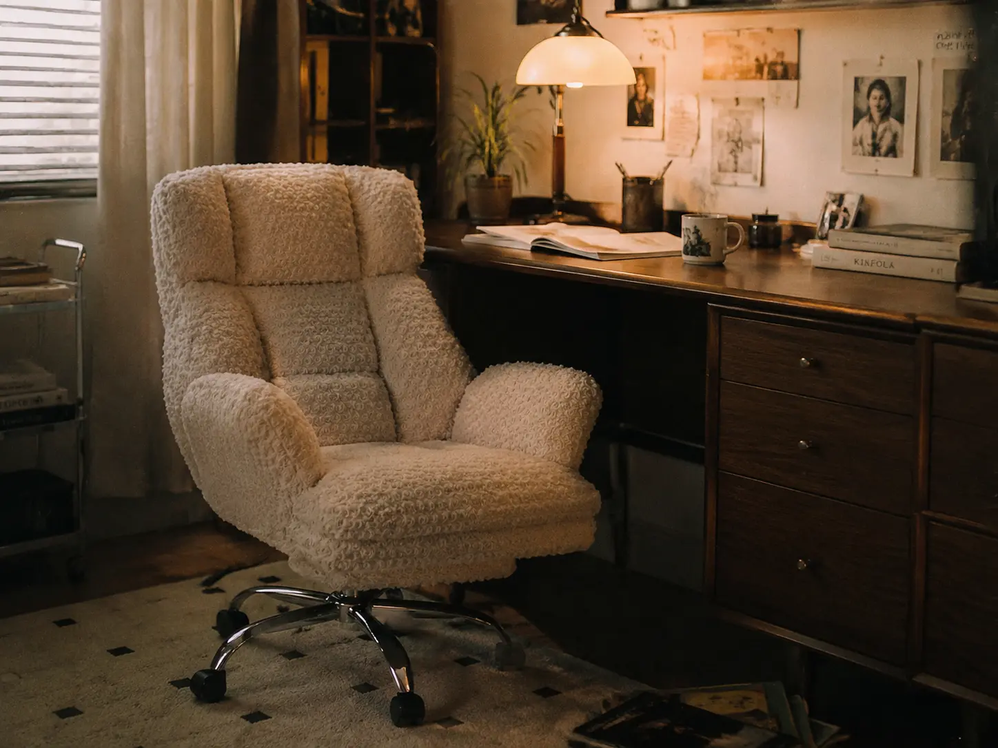 Beige armless criss cross desk chair in cozy aesthetic setup