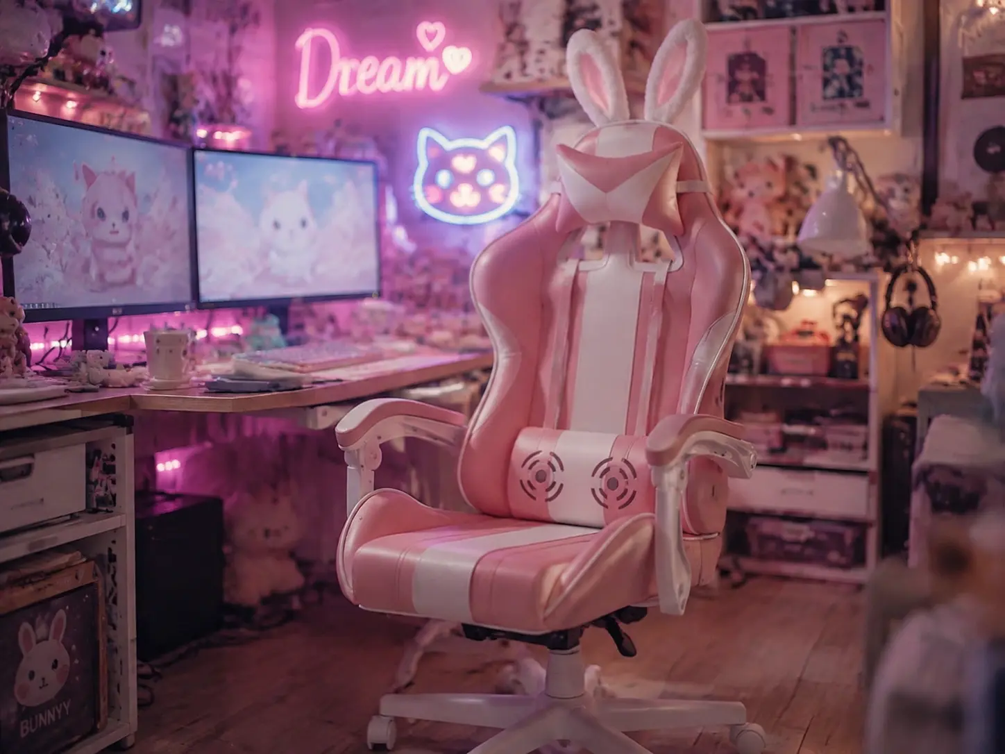 Pastel velvet cozy desk chair in anime inspired room