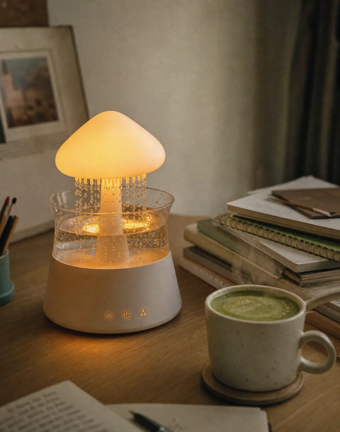 Cloud rain aesthetic desk humidifier with water drops in a cozy setup