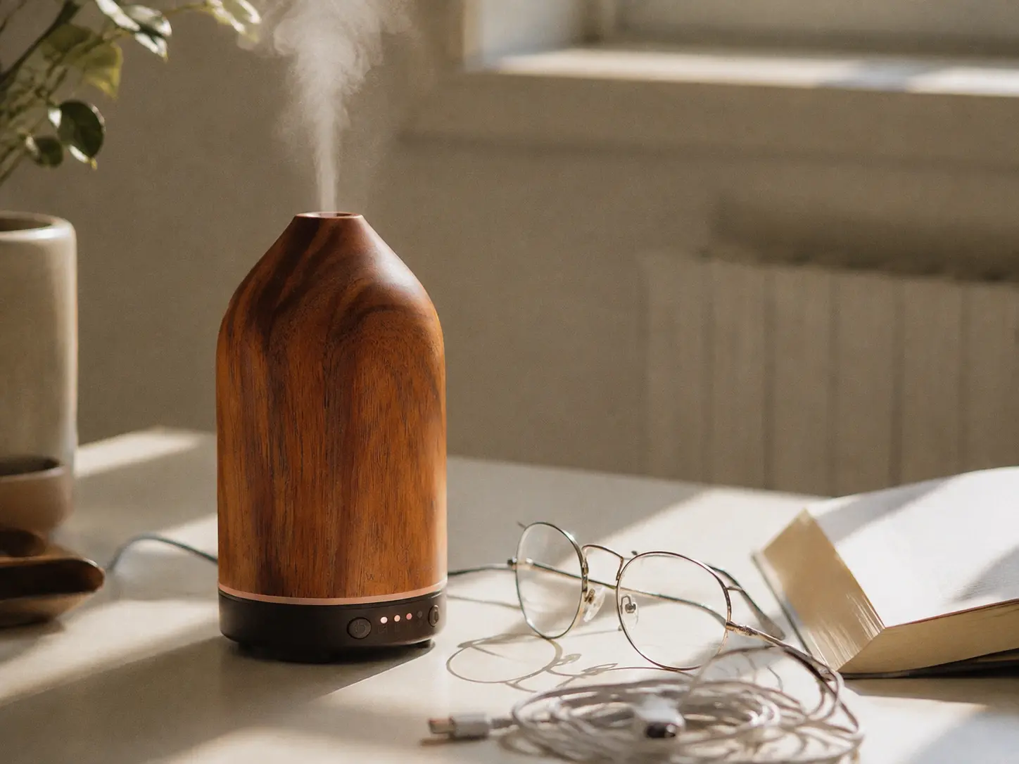Minimalist wood grain essential oil diffuser on a clean aesthetic desk