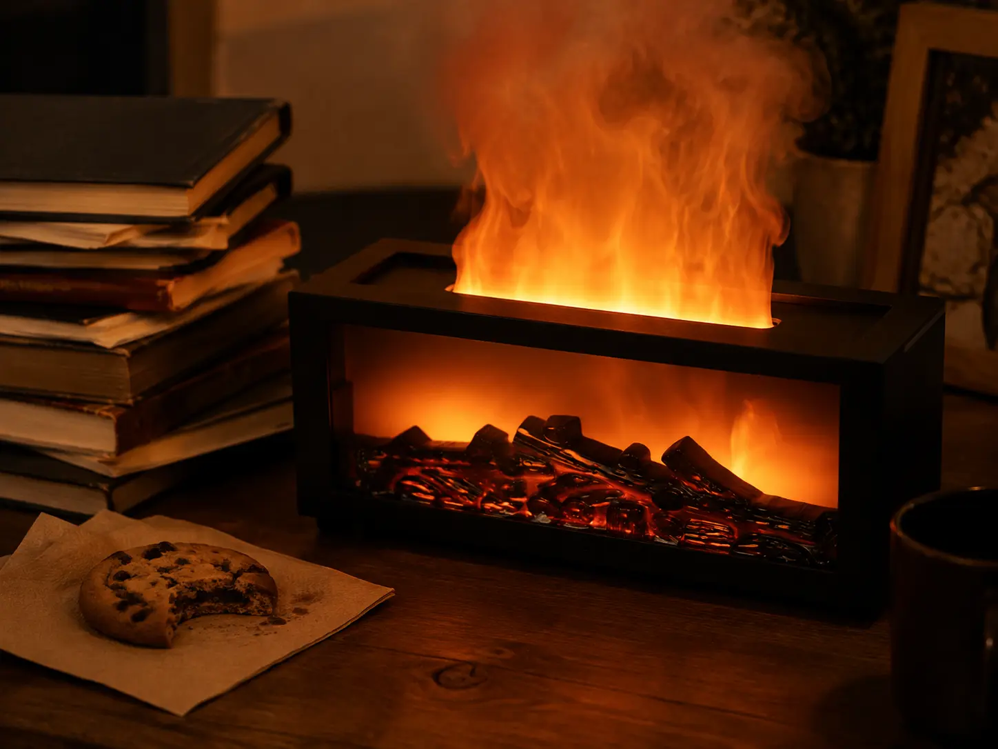 Fireplace flame aesthetic desk humidifier emitting warm orange mist