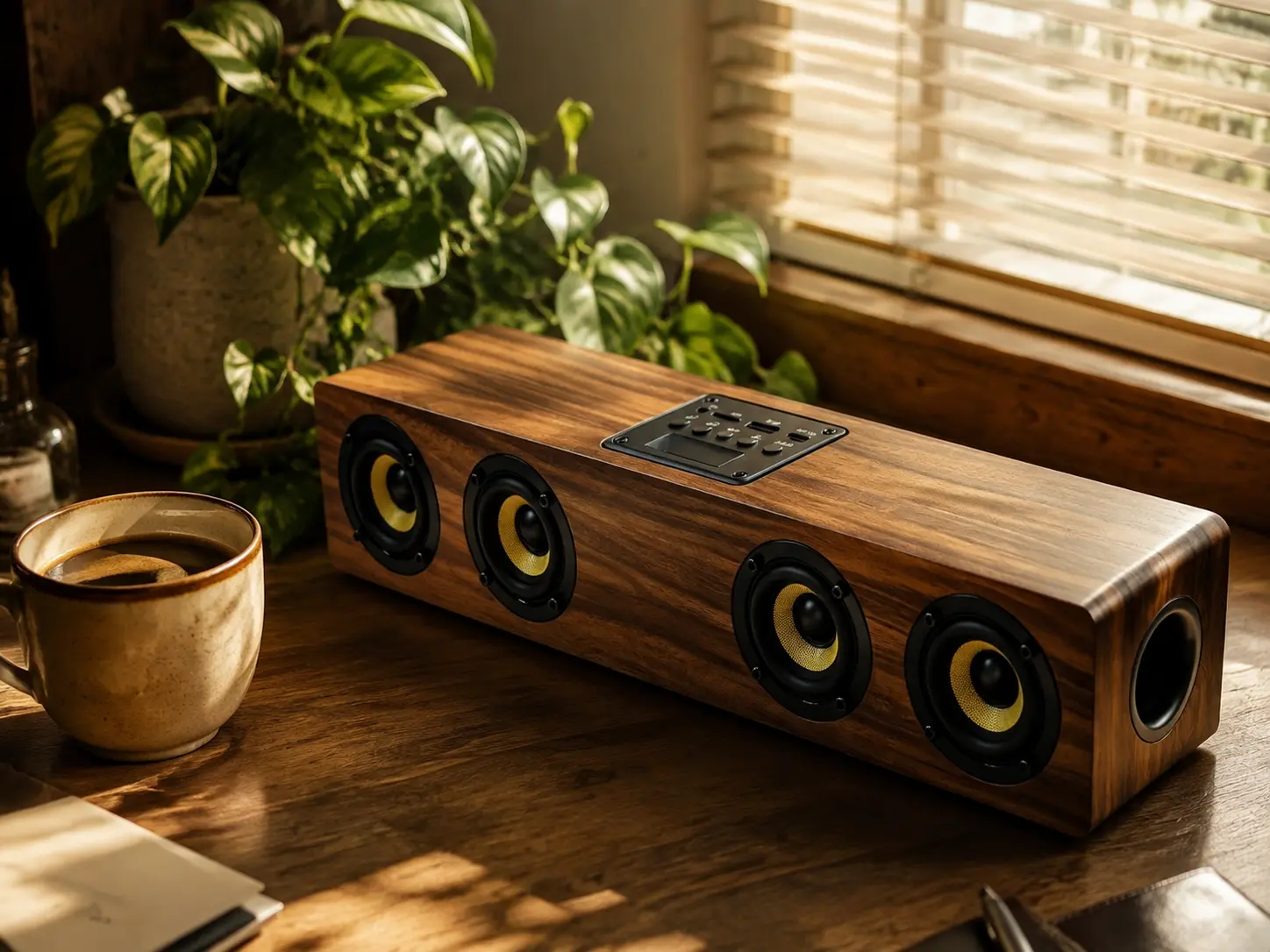 Retro wooden desktop bluetooth speaker on a cozy wooden desk with a coffee cup and plants