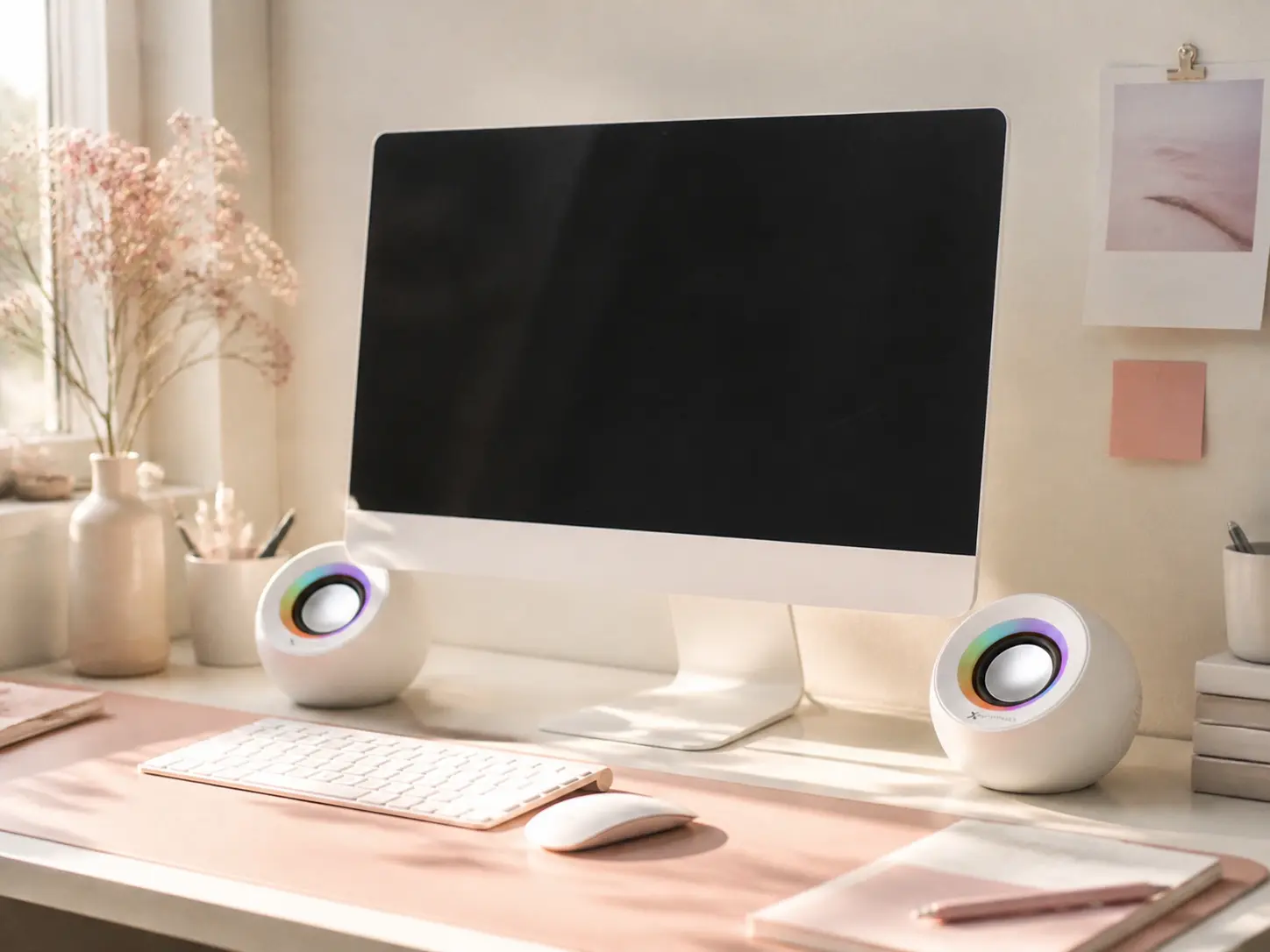 Minimalist white rounded desktop PC speakers on a clean white desk setup
