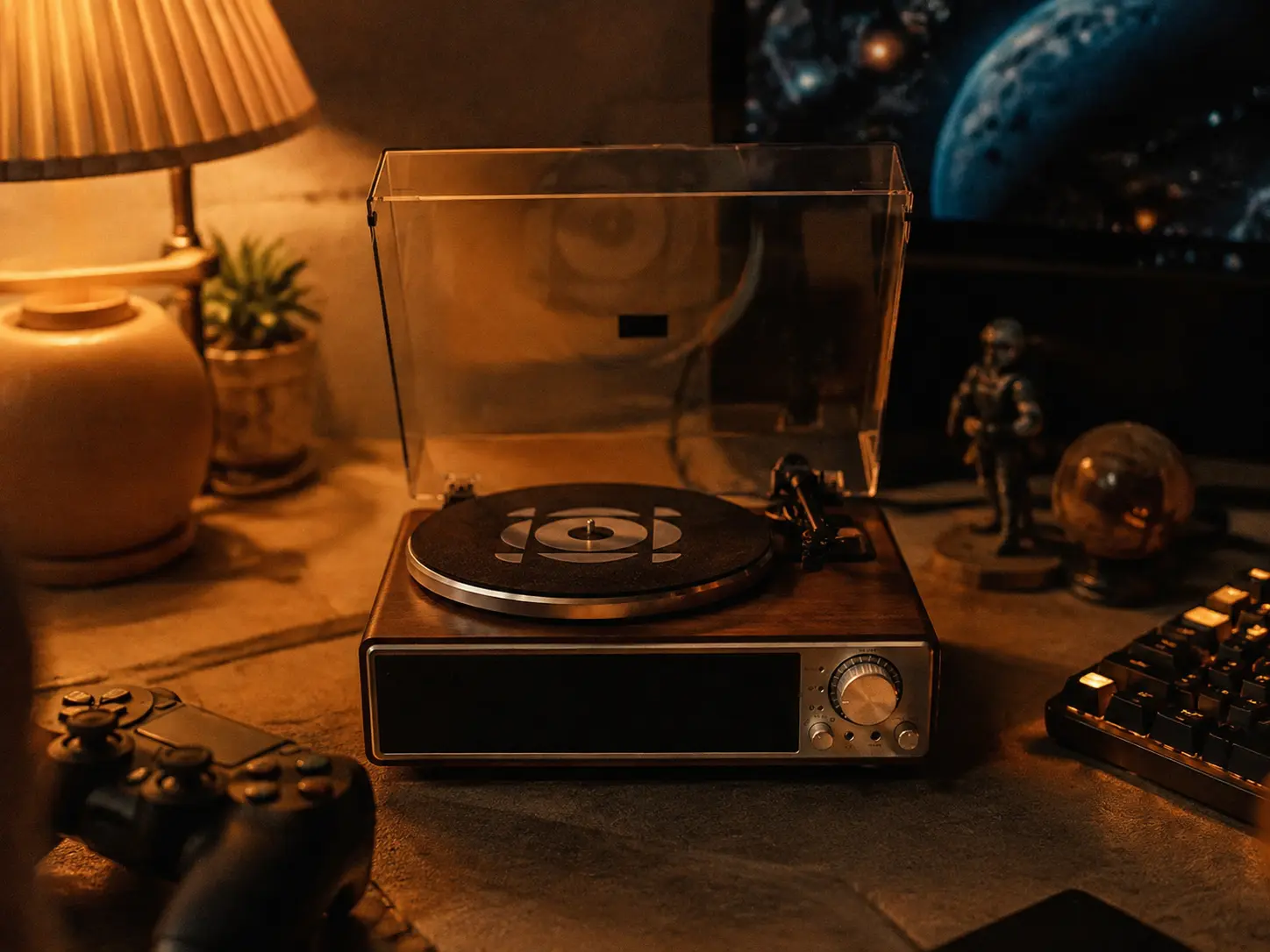 Cute miniature vintage vinyl record player style bluetooth speaker on a cozy lit gaming desk