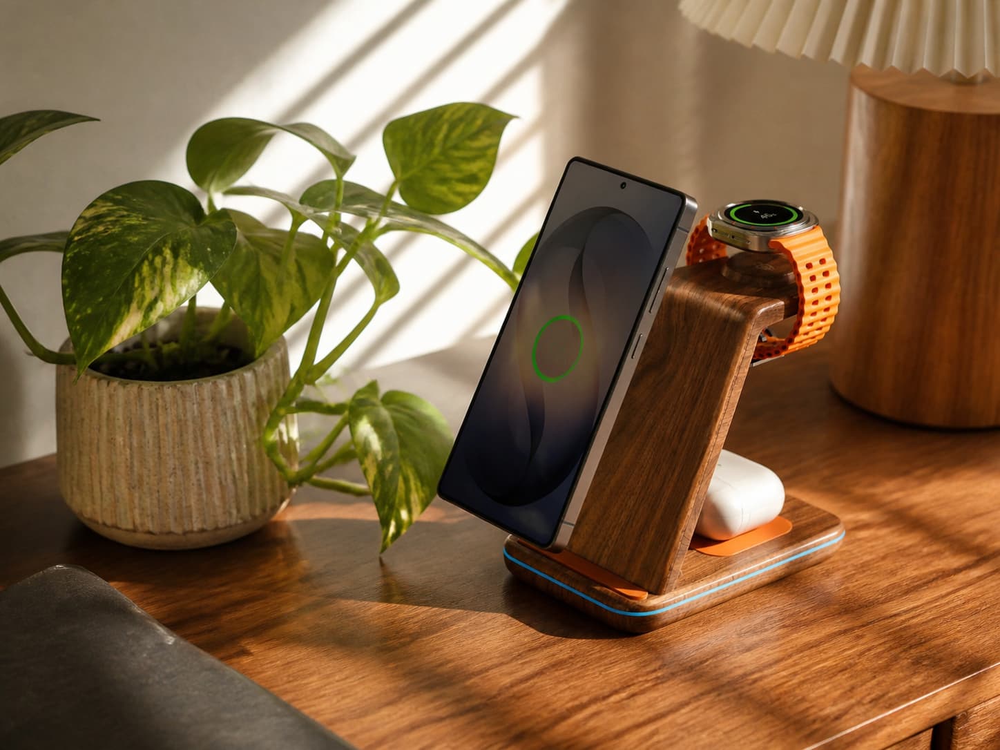 Premium wooden 3-in-1 wireless charging station on a cozy desk with a potted plant